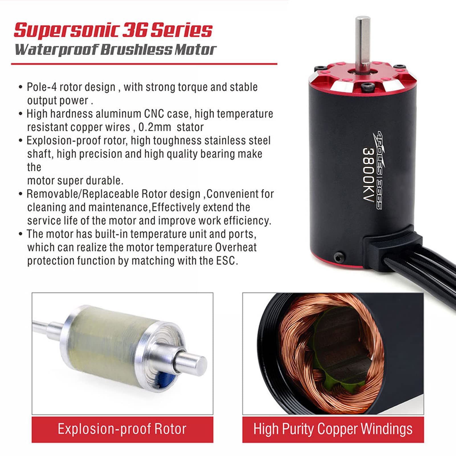 Motor con Sensor sin Escobillas de 4 3665 3800KV para Coches 1/10 RC Carcasa de Aluminio Duradera