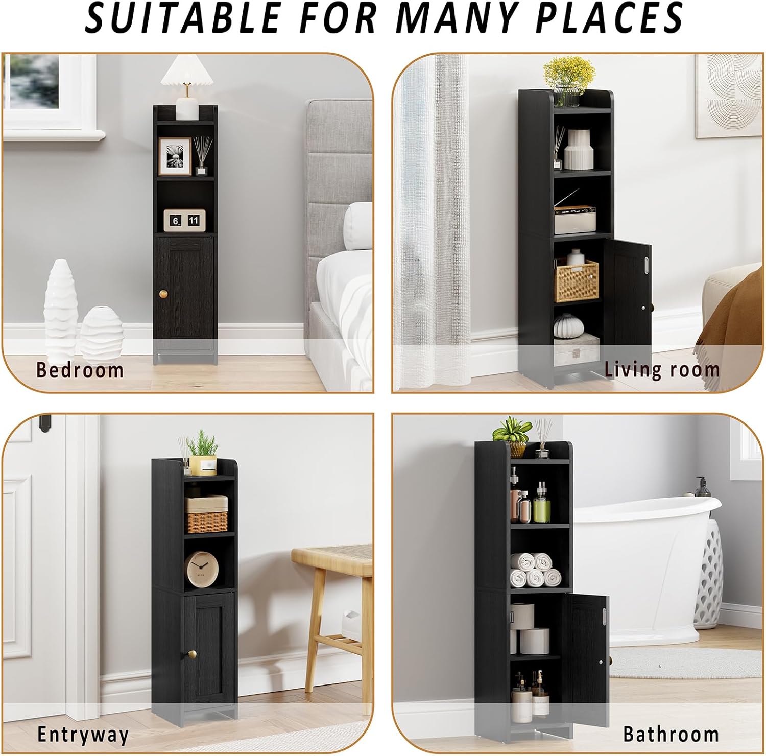 Small Bathroom Storage Cabinet Corner, Floor Cabinet with Adjustable Shelves, Freestanding Narrow Bathroom Toilet Paper Organizers for Small Spaces (Black) - Image 8