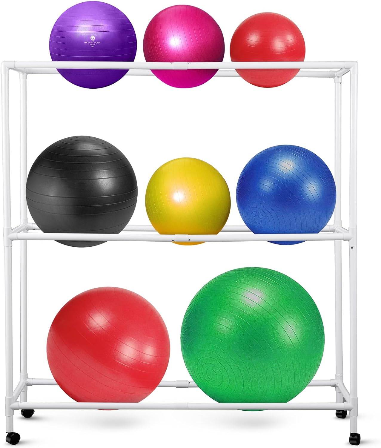 Duraaamo Fitness Yoga Ball Holder with Wheels Vertical Stability Exercise Ball Rack PE Equipment Cart on Wheels for Gym Studios Elementary School Gear Primary School, up to 9 Balls