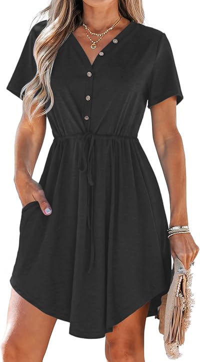 MISFAY Women Summer Dress Casual V Neck Short Sleeve Mini Dress with Pocket