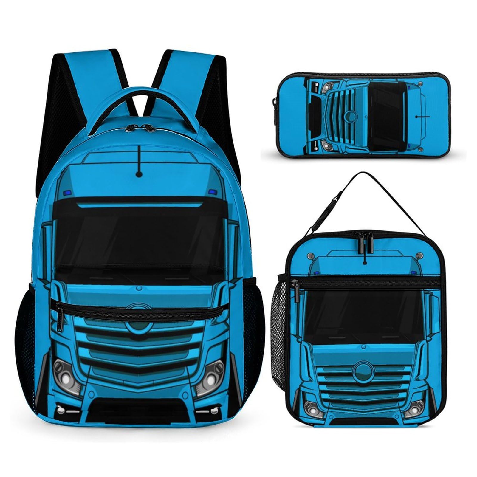 ZCJB-WSRY Truck Backpack with Lunch Box & Pencil Case, 16 Inch Cool Truck Themed Bookbag, Adjustable Lightweight Large Capacity, Colorful Cartoon Car