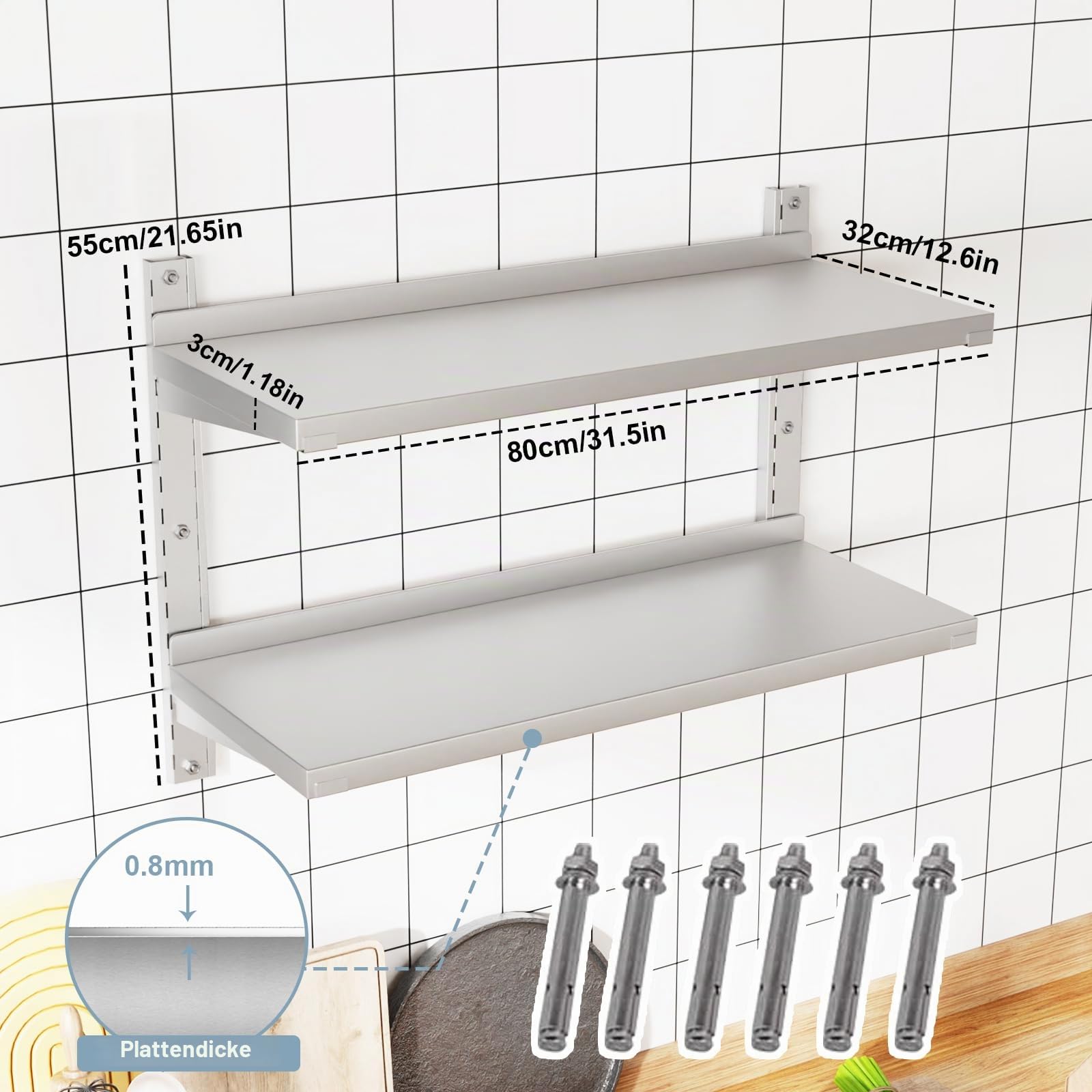 TAIMIKO Küchenregal Edelstahl, Wandregal 800x300 mm, Stabile Lagerlösung für Bar, Café, Restaurant, Einfache Montage