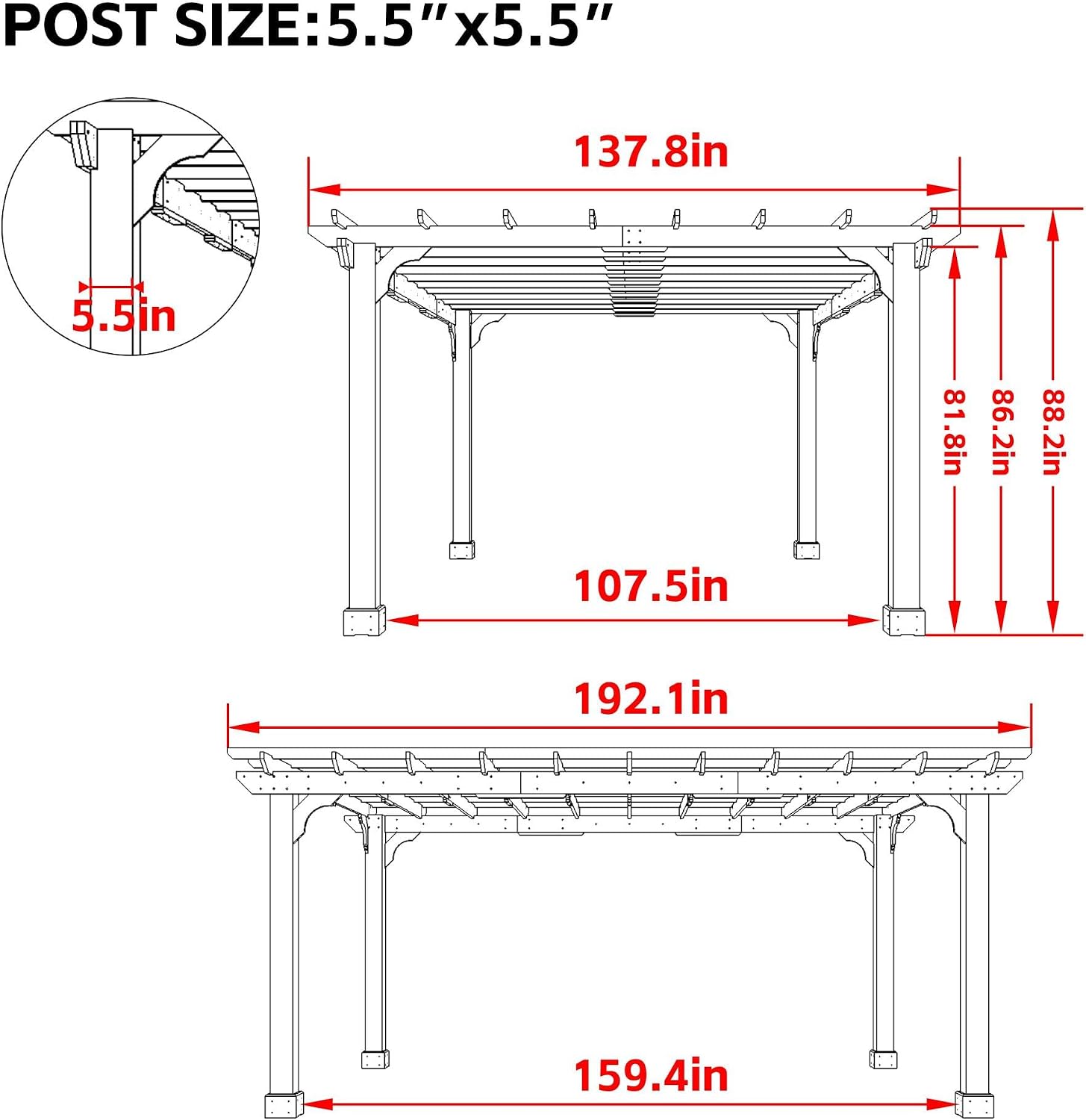 Diagram showing the dimensions of the MUPATER 12x16 FT Cedar Wood Pergola, including post size, width, length, and height measurements.