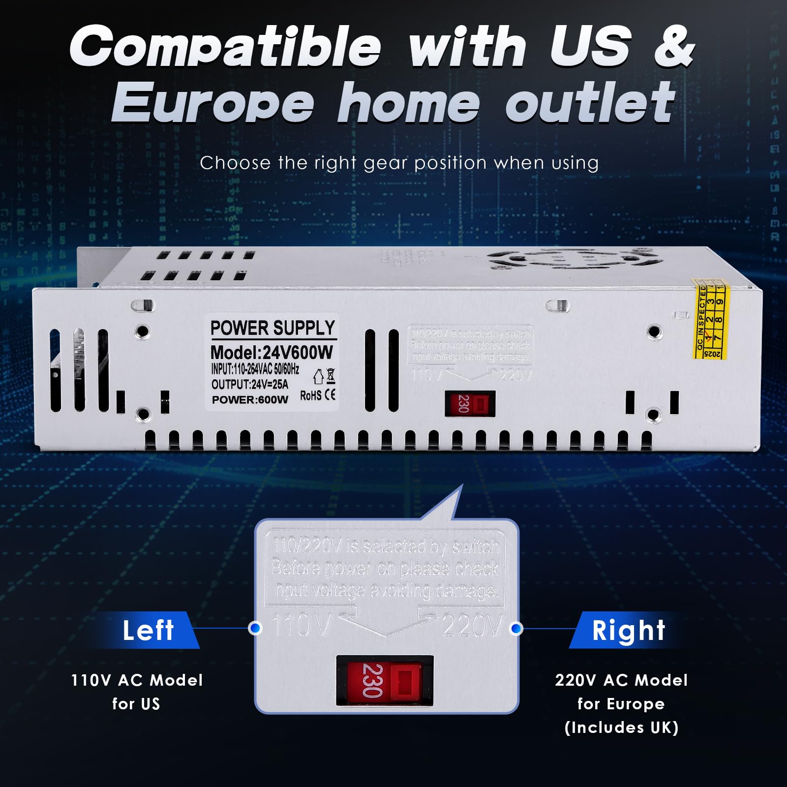 Uniwersalny regulowany zasilacz impulsowy 24 V 25 A 600 W DC zasilacz impulsowy AC adapter LED, konwerter, transformator, adapter do taśm świetlnych LED, CCTV, projektu komputerowego, radia