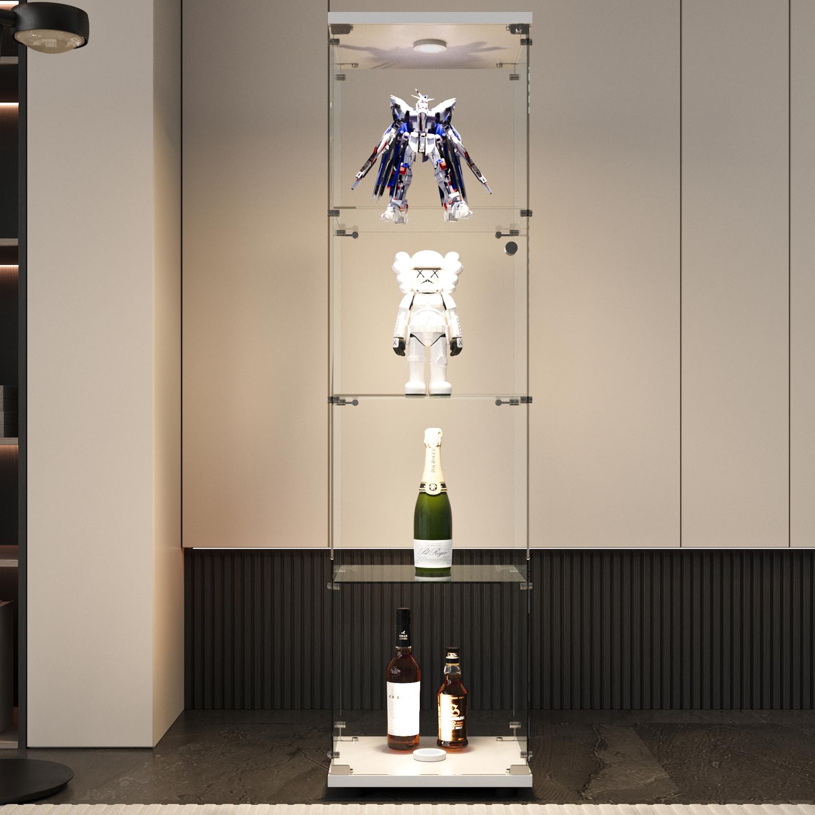 Vitrina de cristal, armario para estanterías, armario de almacenamiento en el suelo, transparente, vitrina moderna de colección para bar, salón, dormitorio, oficina (blanco, 4 pisos LED, 164 x 42 x 36