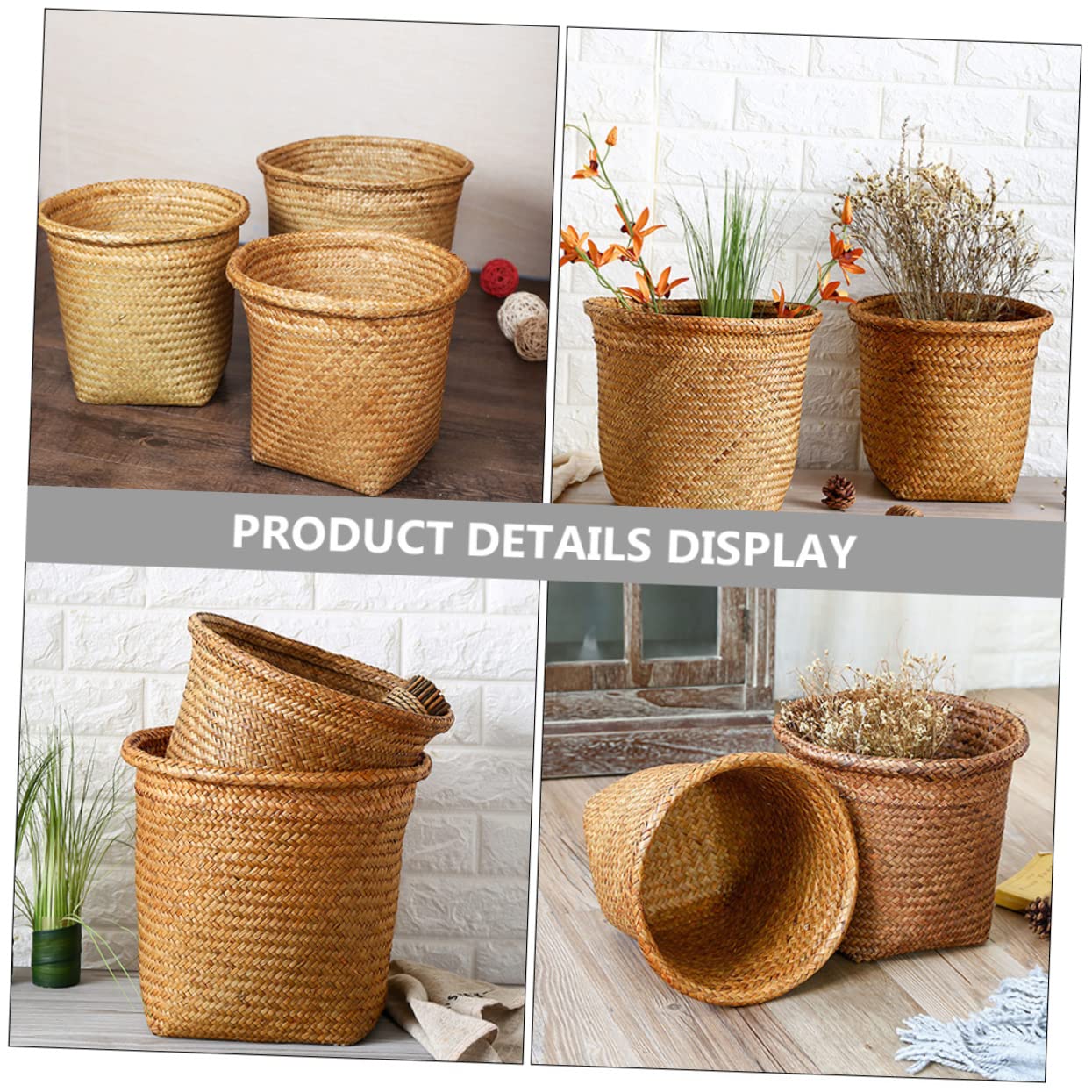 Cestini Intrecciati in Paglia Rotondi Decorativi Set di 2 per Rifiuti e Contenitore Portaoggetti Pratici e Facili da Spostare per Casa e Ufficio
