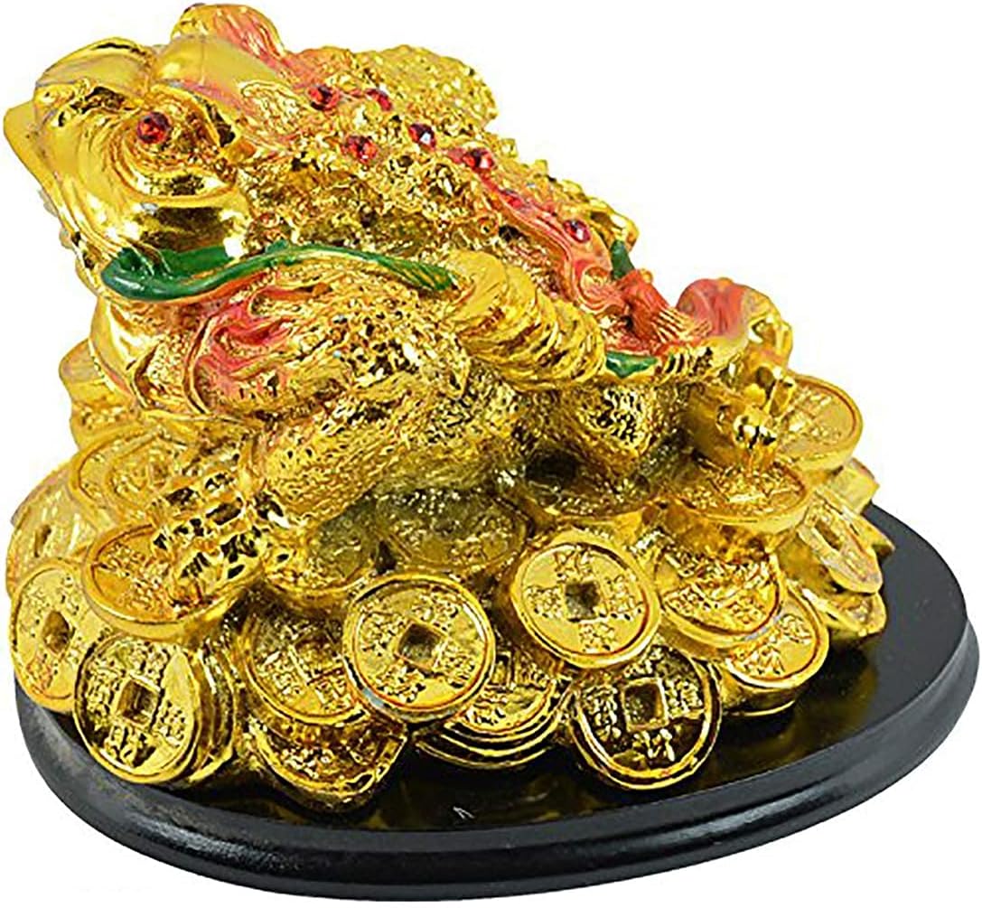 Reiki Crystal Products Porcelain Sitting Frog with Coins for Feng Shui and Vastu for Wealth and Happiness- Golden, Standard