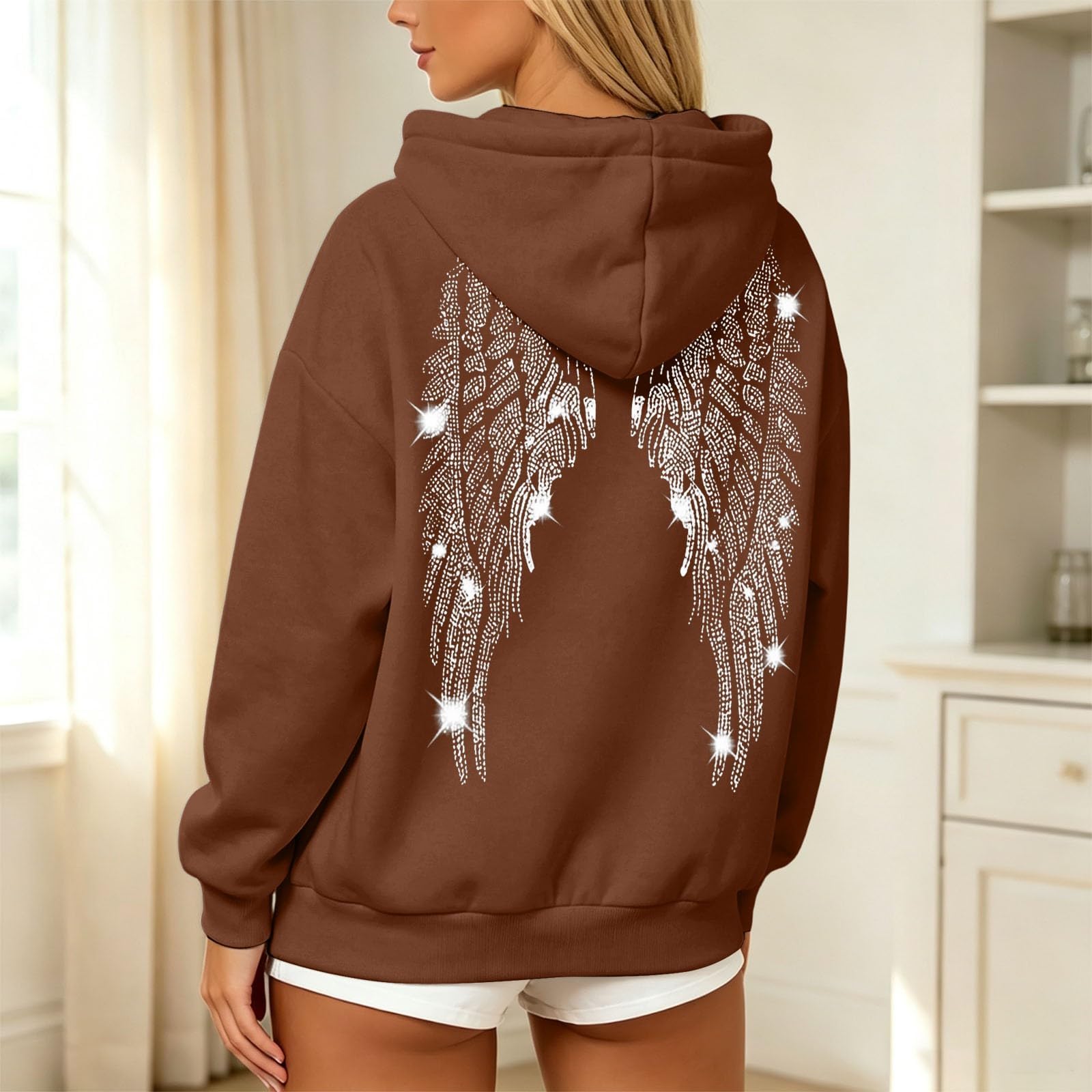 Hoodie Damen Reißverschluss Oversized Strass Flügel Motiv Taschen