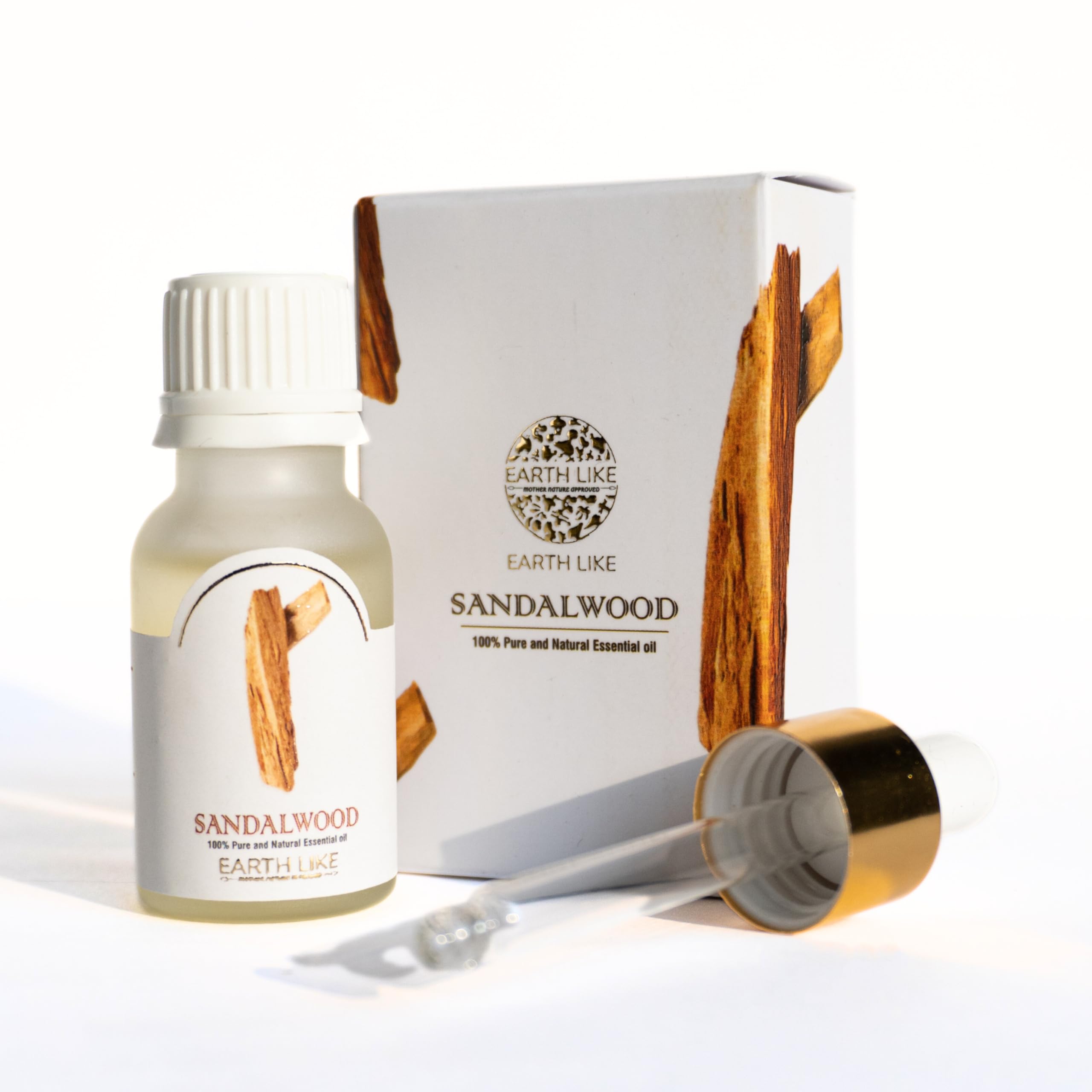 EARTH LIKE Sandalwood Essential Oil for Skin Care, Acne Treatment, Wrinkle Reduction, Aromatherapy & Relaxation | 15ml, Pack of 1 | Pure Sandalwood Oil for Skin Health, Stress Relief & Wellness