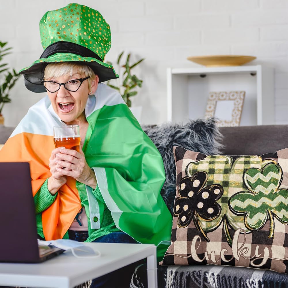 St Patricks Day Pillow Covers 18 x 18 Inch Throw Pillow Covers for Black White Buffalo Plaid Lucky Charms Shamrock Outdoor Pillowcase Green March Hat for Home Bedroom Sofa Decor - Image 5