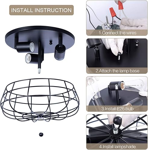 Miniatura 7 de VILUXY Lámpara de techo industrial negra semiempotrada de 3 luces rústicas con jaula de metal para cocina, sala de estar, comedor, dormitorio,