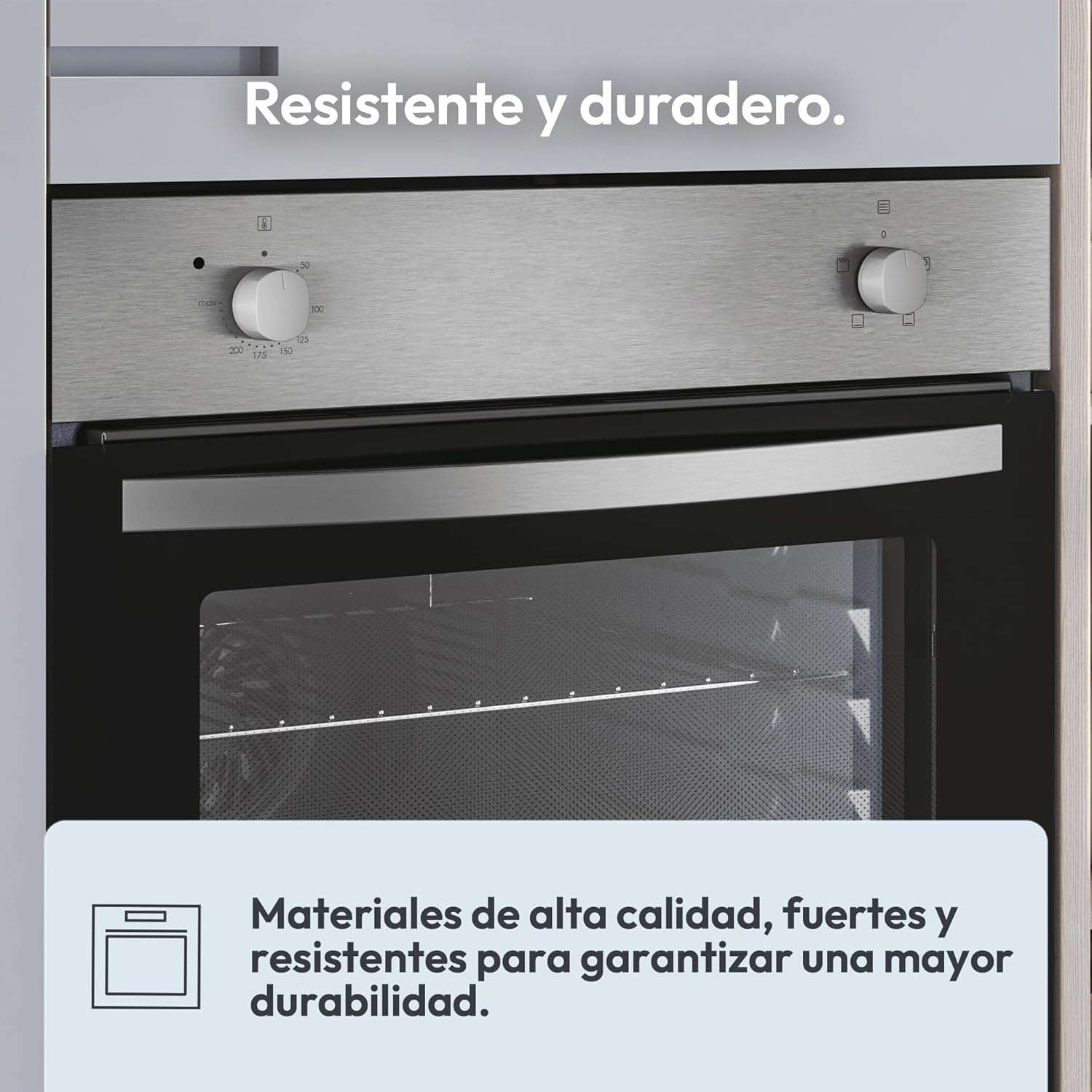 Close-up of the Candy oven with text 'Resistente y duradero' (Resistant and durable) and description of high-quality materials.