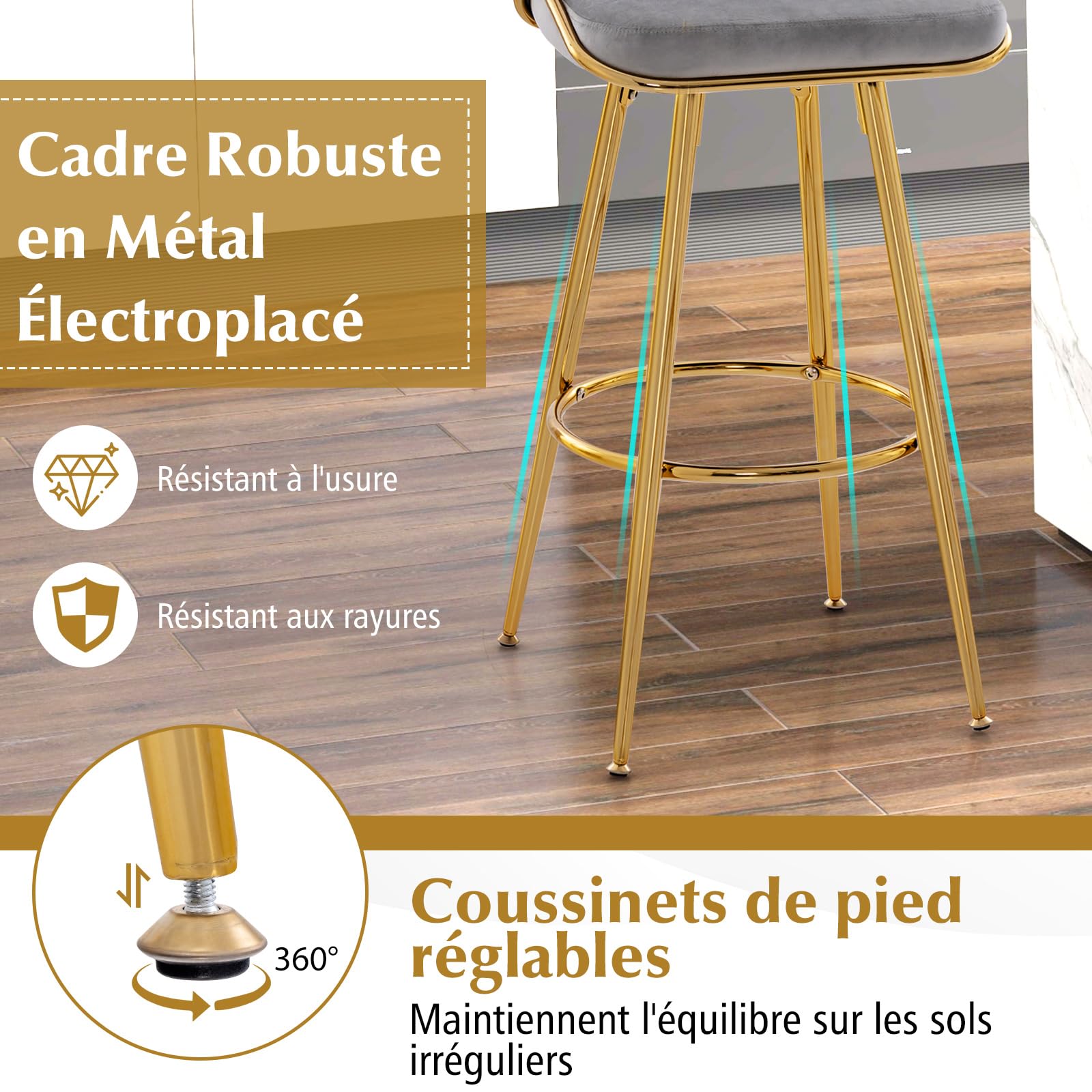 RELAX4LIFE Lot de 2 Chaises de Bar en Velours, Tabouret Haut Bar avec Siège Rembourré, Pieds en Métal Doré, Chaise Haute pour Ilot Central, Cuisine, Salle à Manger, Assise 73 CM, Charge 200 KG