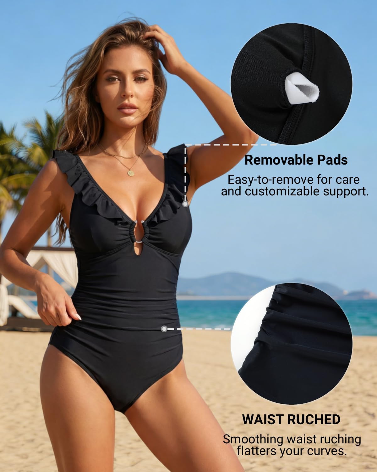 Women's One Piece Swimsuit Tummy Control Ruffle V Neck Bathing Suit Sexy Ring Detail Keyhole Cutout Swimwear 2026