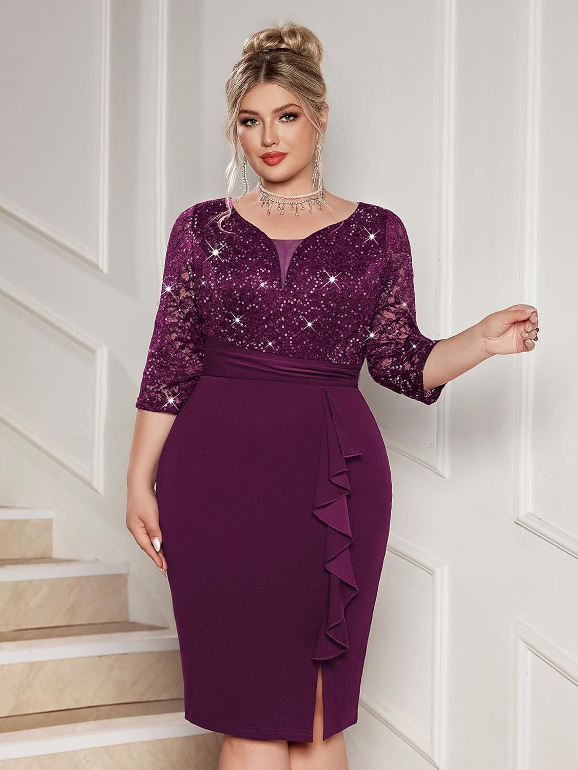 MISSMAY Women's Plus Size Sequined Lace V Neck Ruffle Split Hem Wedding Party Bodycon Cocktail Dress - Image 4