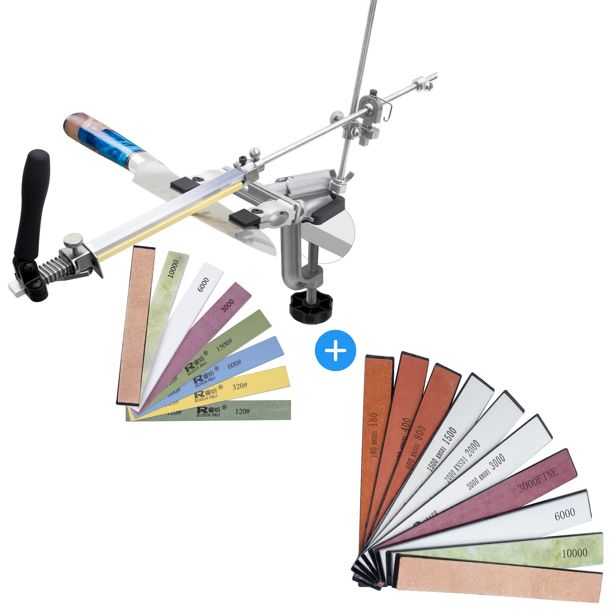 Knife Sharpener Kit, RUIXIN PRO RX-009 Professional Knife Sharpener, 360° Flip Rotation, Upgrade Fixed-Angle & Adjustable Knife-Clip, Chef Knife Sharpening System Kit with Premium Stones Kit