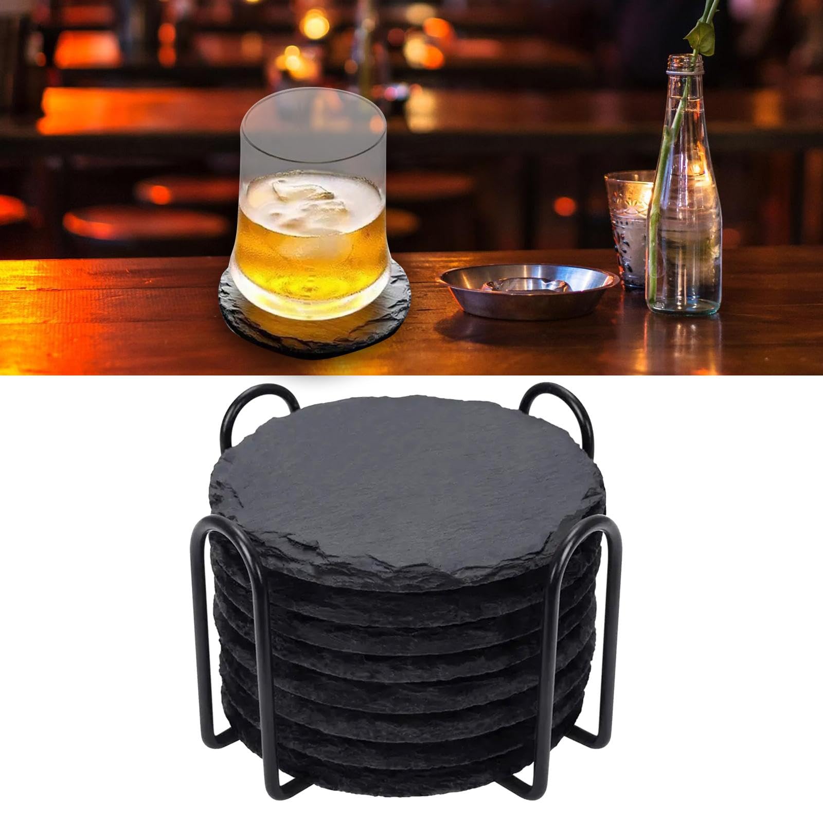 8 Pièces Dessous de Verre Ardoise Porte-dessous Pierre Coaster Set Organisation Facile Boisson Décoration Intérieure Adapté à La Maison Bureau Cuisine, ROND