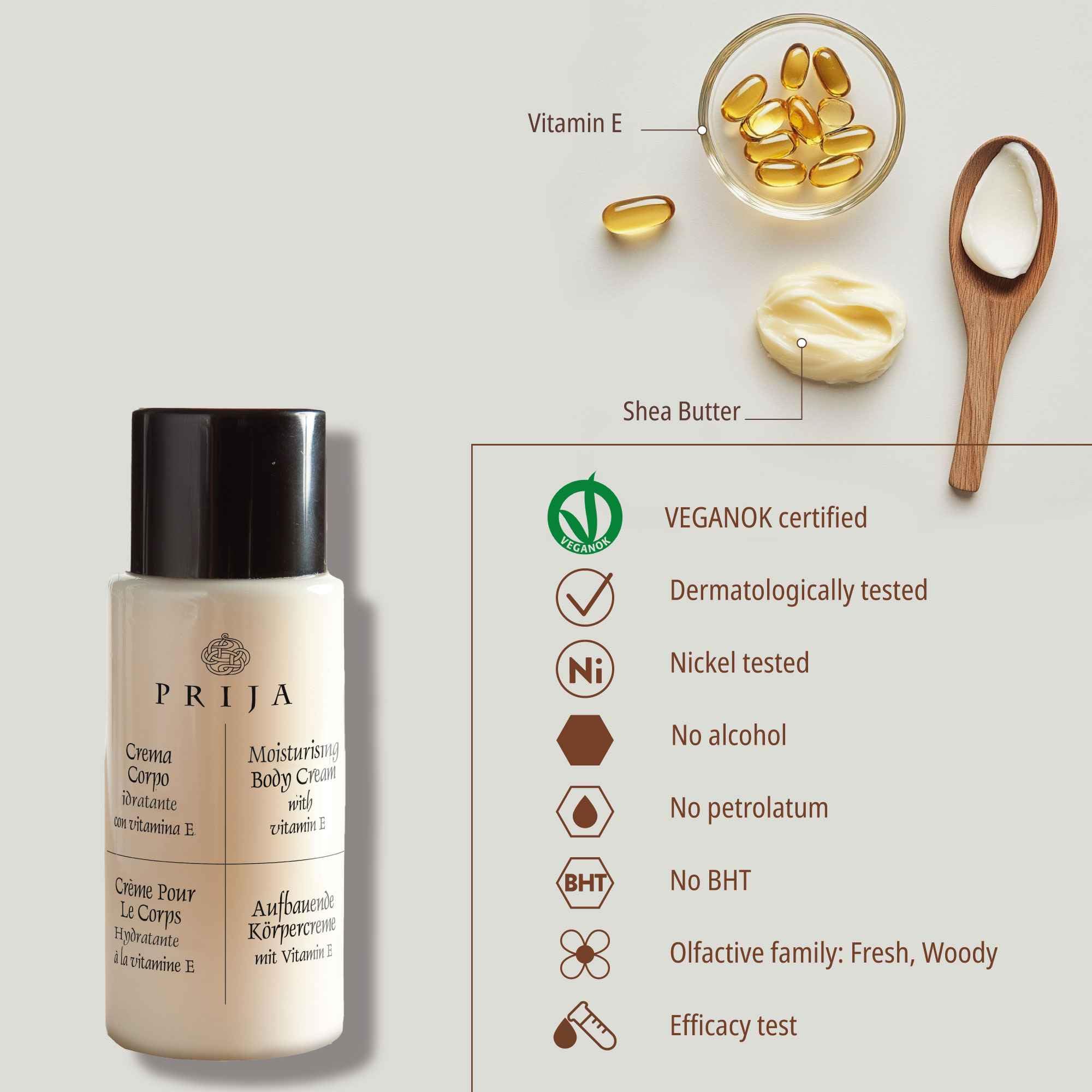 Prija Lozione per il corpo, crema per il corpo ristrutturante con vitamina E per mani e corpo, flacone da 40 ml, lozione idratante Italia, hotel, spa, wellness, AIRBNB, case vacanze (100 pezzi)