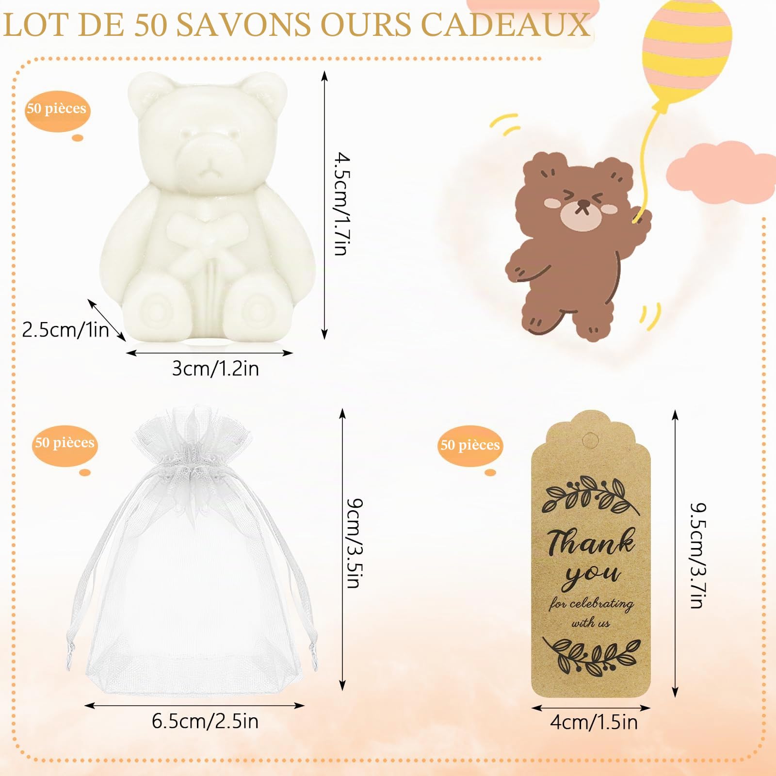 Lot de 36 mini savons en forme d'ours, pour fête prénatale, doux et parfumé, blanc, avec boîte cadeau, cartes de remerciement, petit savon fait à la main pour garçons et filles