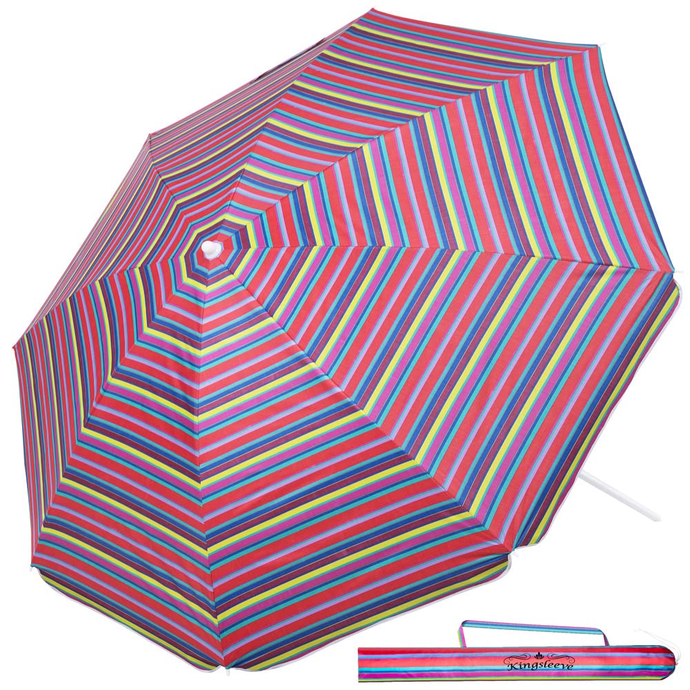 Kingsleeve Parasol UV 50+ sac de transport - Grand parasol de plage imperméable - Inclinable - Réglable en hauteur - Piquet de terre - Pour balcon, plage - Rond - Multicolore