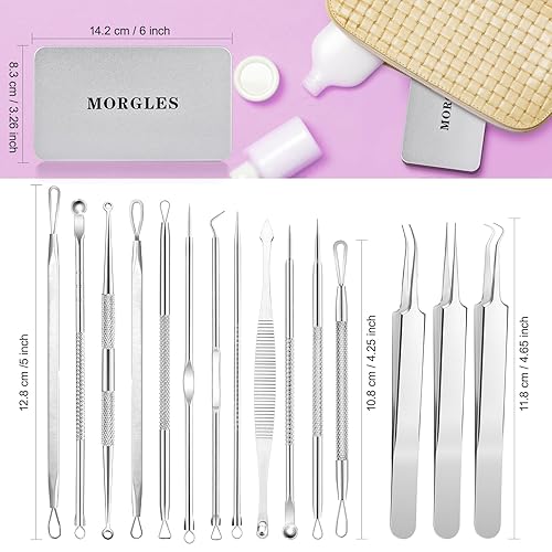 Miniatura 7 de MORGLES Kit de herramientas de 15 piezas de herramientas para reventar, removedor de espinillas de acero inoxidable, herramientas extractoras de