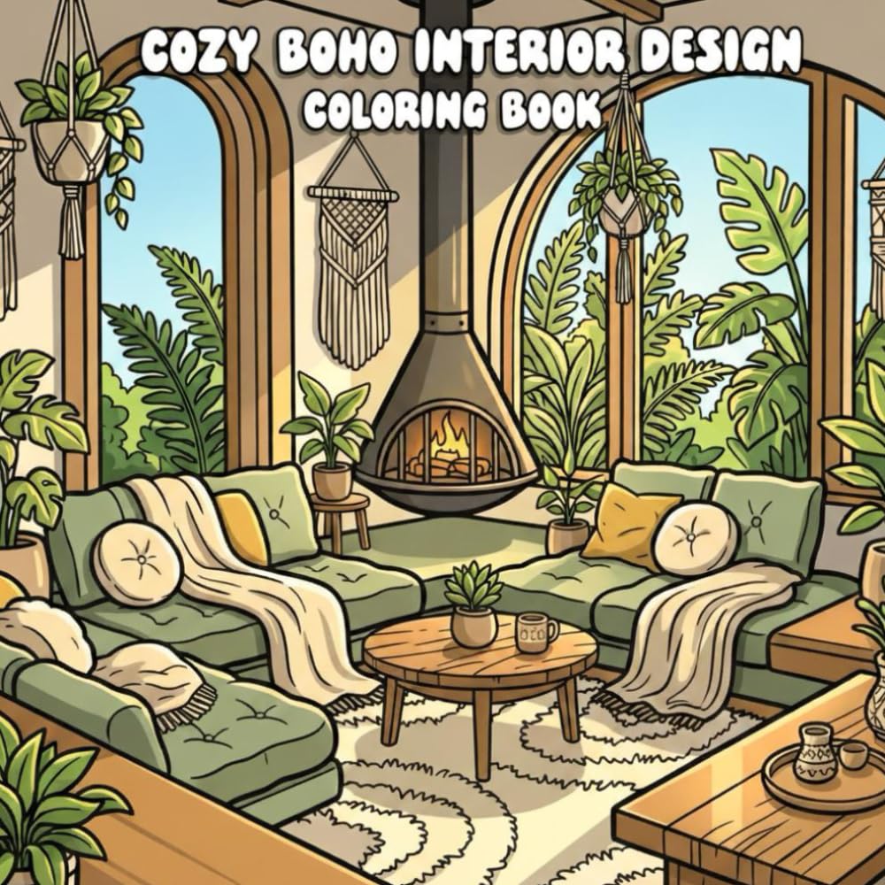 Cozy Boho Interior Design Coloring Book: 40 Relaxing Boho Room & Home Decor Coloring Pages for Teens