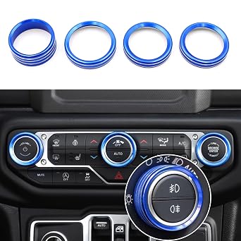 Knobs Ring Covers Compatible with 2018-2021 Jeep Wrangler JL JLU & 2020-2021 Jeep Gladiator JT, Aluminum Alloy Trim Cover for Air Conditioner Volume Radio Headlight Switch Knob4PCS, Blue