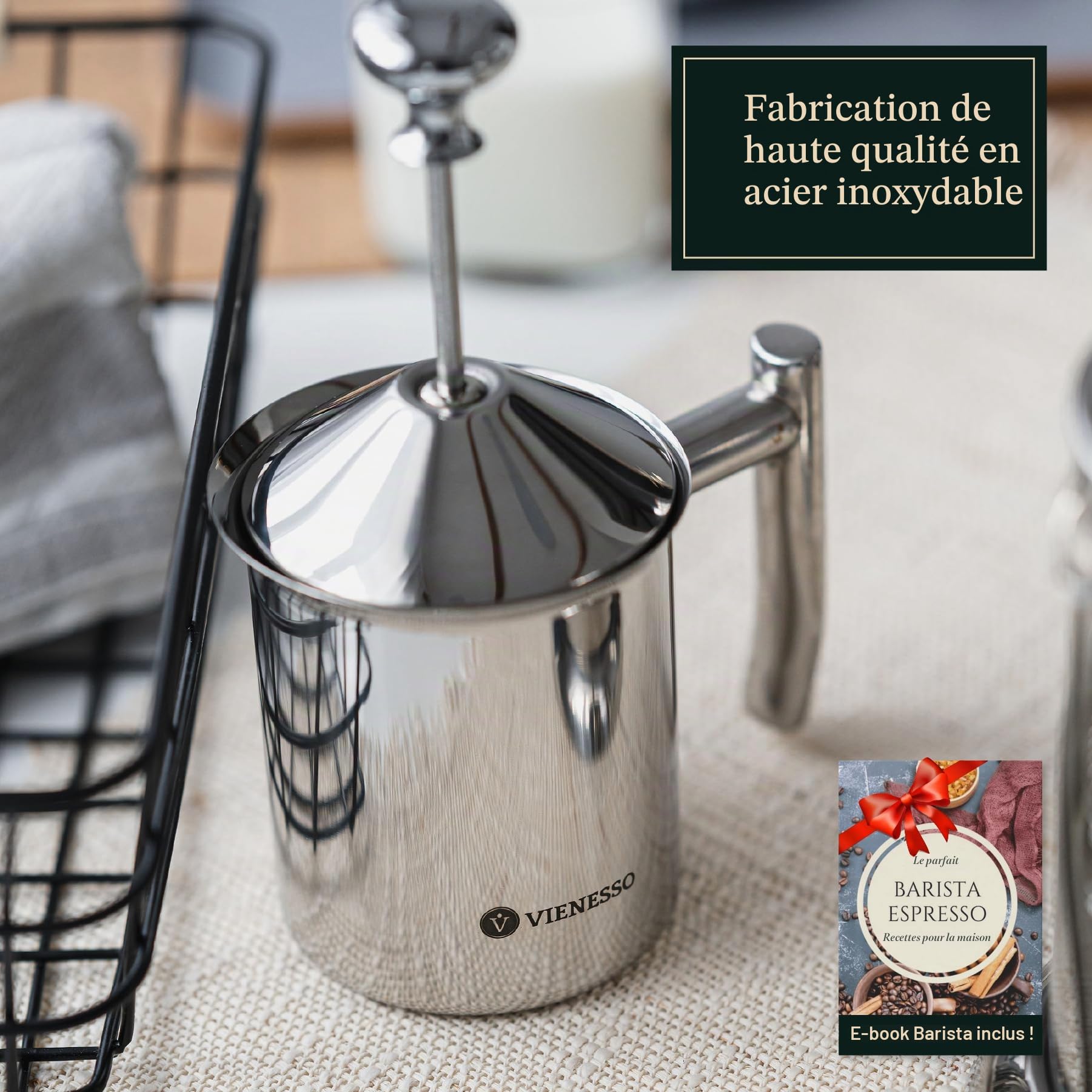 Mousseur à lait manuel en acier inoxydable avec double passoire I Mousseur à lait pour mousse de lait crémeuse pour spécialités de café, Milk Frother (argenté, 400 ml)