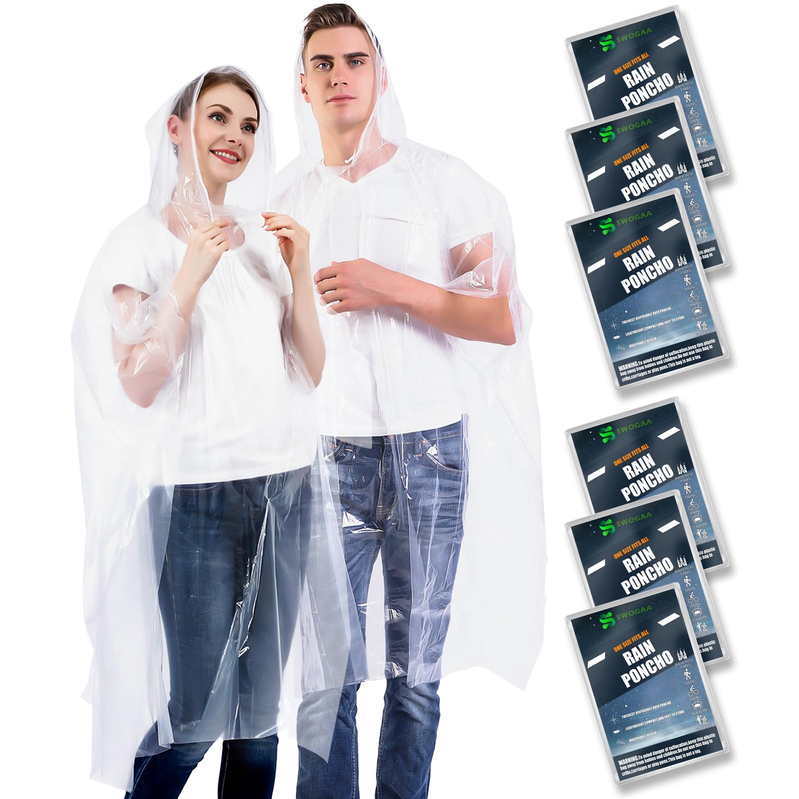 Swogaa Unisex Adults Clear 6 Pack Disposable Rain Ponchos For Adults 6 Pack - 50% Extra Thicker Men Or Women Waterproof Emergency Ponchos With Hood - Clear