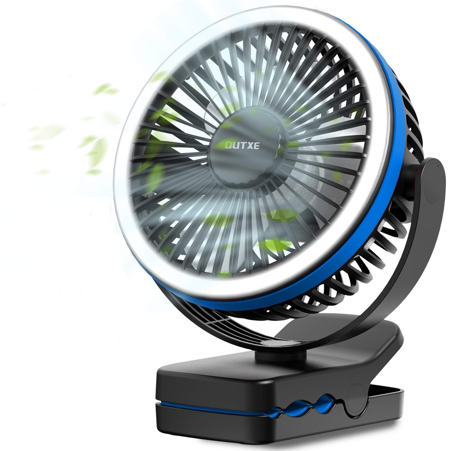 Photo 1 of OUTXE 6700mAh Rechargeable Clip on Fan with Light, Battery Operated Clip Fan with Hanging Hook, 4 Speeds Portable Desk fan for Treadmill, Golf Cart, Bed, Car Seat, Baby Stroller - Blue
