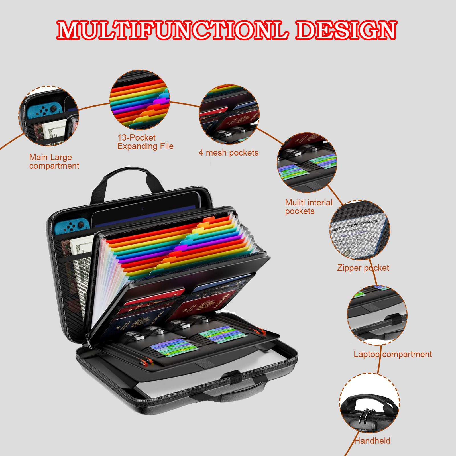 Caja Fuerte Ignífuga, Bolsa de documentos ignífuga con cerradura, 13 compartimentos, múltiples bolsillos, impermeable, Bolsa Organizador para documentos, caja para guardar documentos y certificados