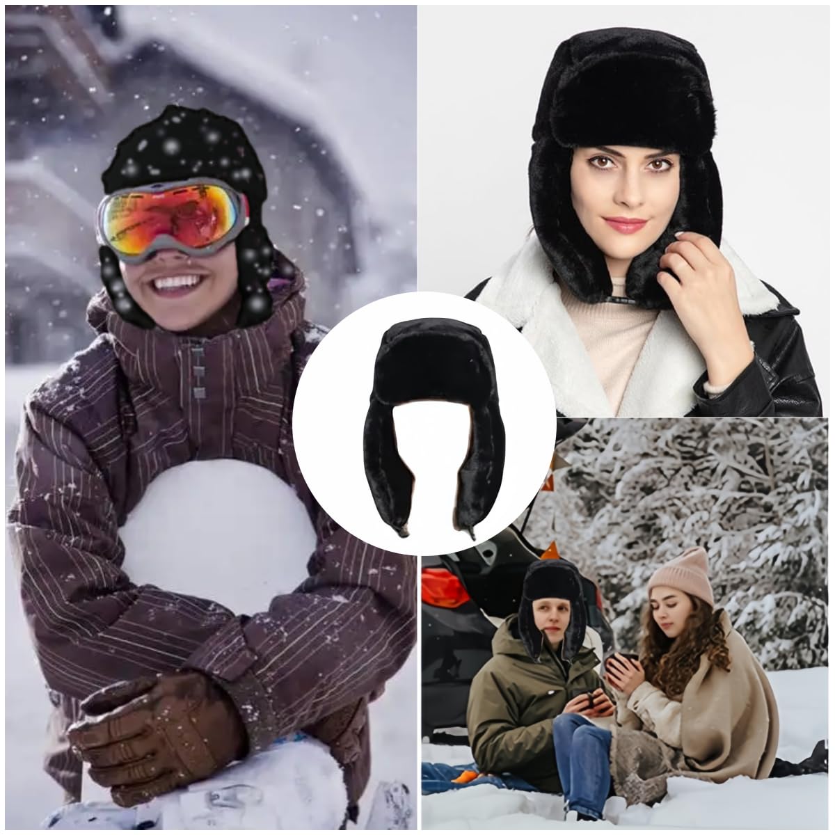 Chapeau de trappeur d'hiver - Chapeau russe - Chapeau d'hiver chaud avec oreilles - Coupe-vent - Fausse fourrure - Noir - Pour le patinage, l'extérieur ou un usage quotidien.