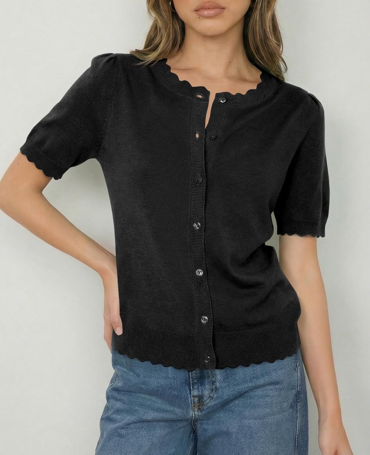 Saodimallsu Womens Puff Short Sleeve Cardigans Lightweight Button Down Shirts Crew Neck Casual Knit Sweater Tops - Image 2