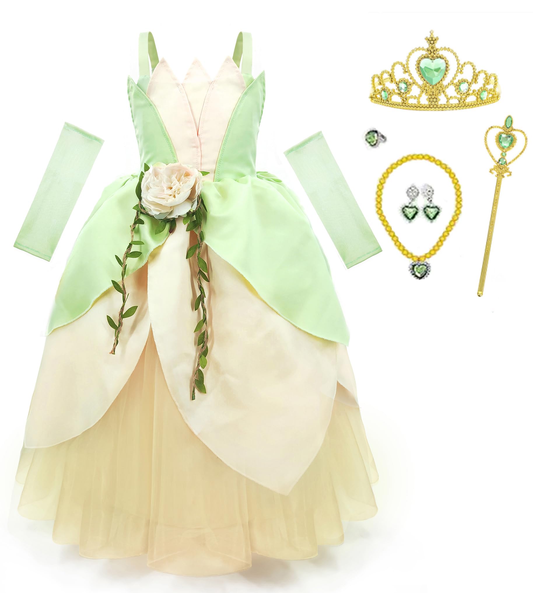 CQDY Princess Costume for Girls Fancy Fairy Halloween Party Dress Up Toddler Baby Tale Role Play Green Dress Tiana 2 8-9 years