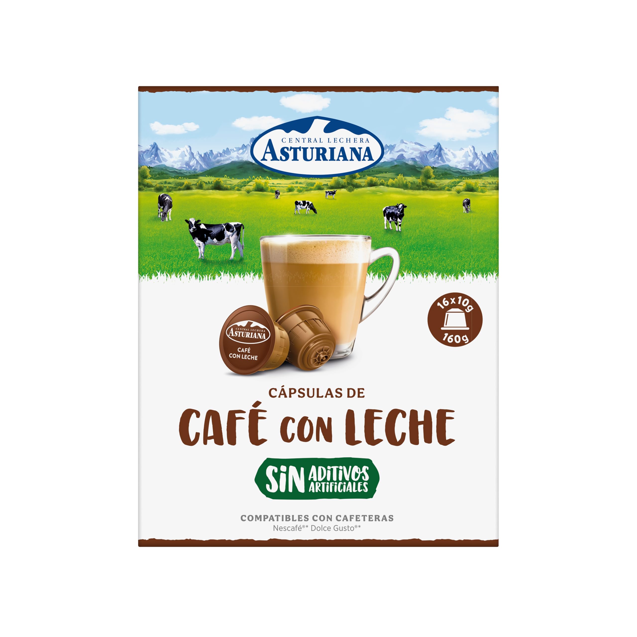 Central Lechera Asturiana Cápsulas de Café con Leche - Compatibles con Dolce Gusto - 4 Paquetes de 16 Cápsulas - Total: 64 Cápsulas