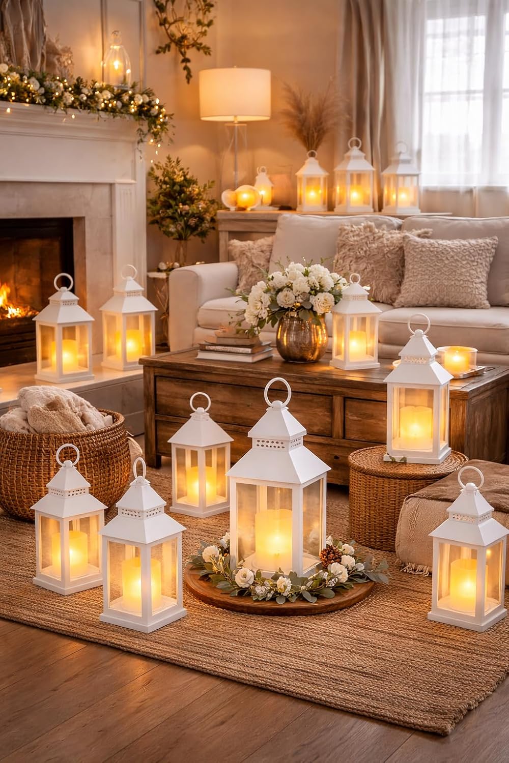 White Lanterns Set of 12 with LED Flameless Candles – 4 Hour Timer – 9.375" Indoor Outdoor Decorative Lanterns – Hanging or Tabletop Porch Patio Wedding Centerpiece Decor