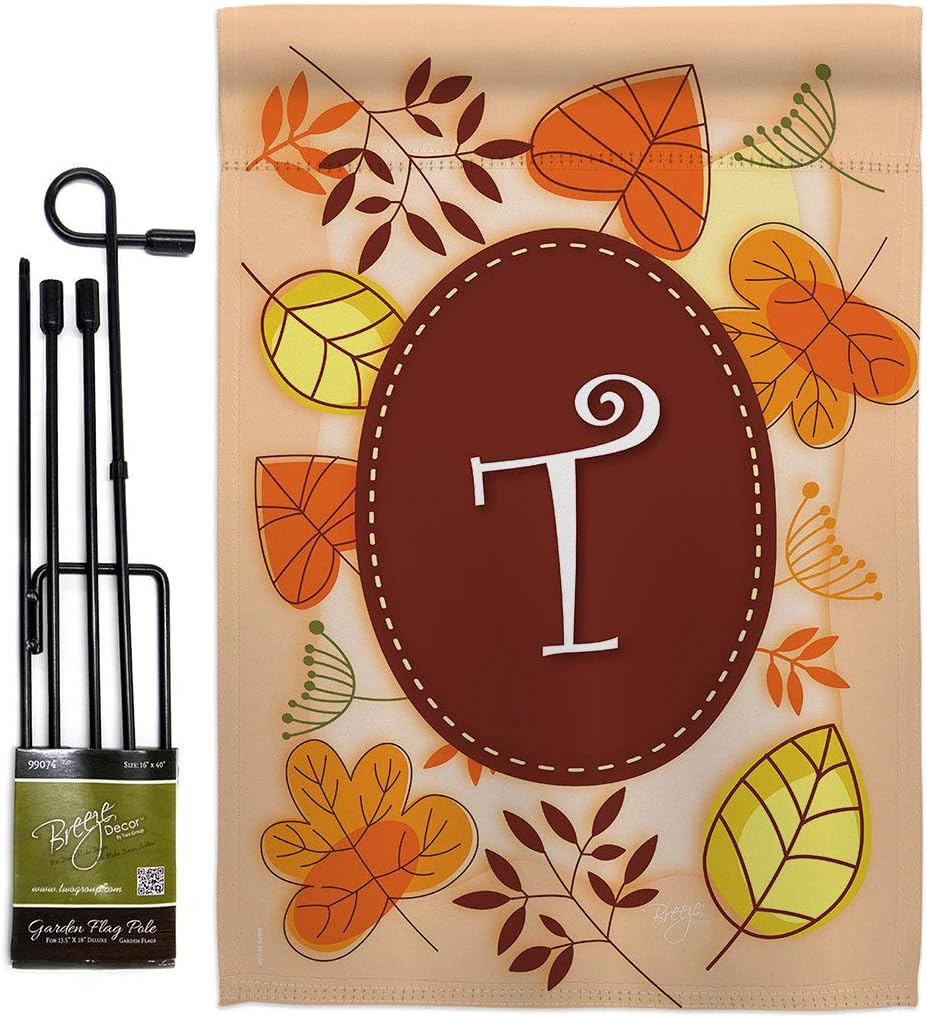 Breeze Decor GS130046-BO T Initial Fall Harvest & Autumn Decorative Vertical Banner Pole, Garden Flag 13"x 18.5", Thick Fabric