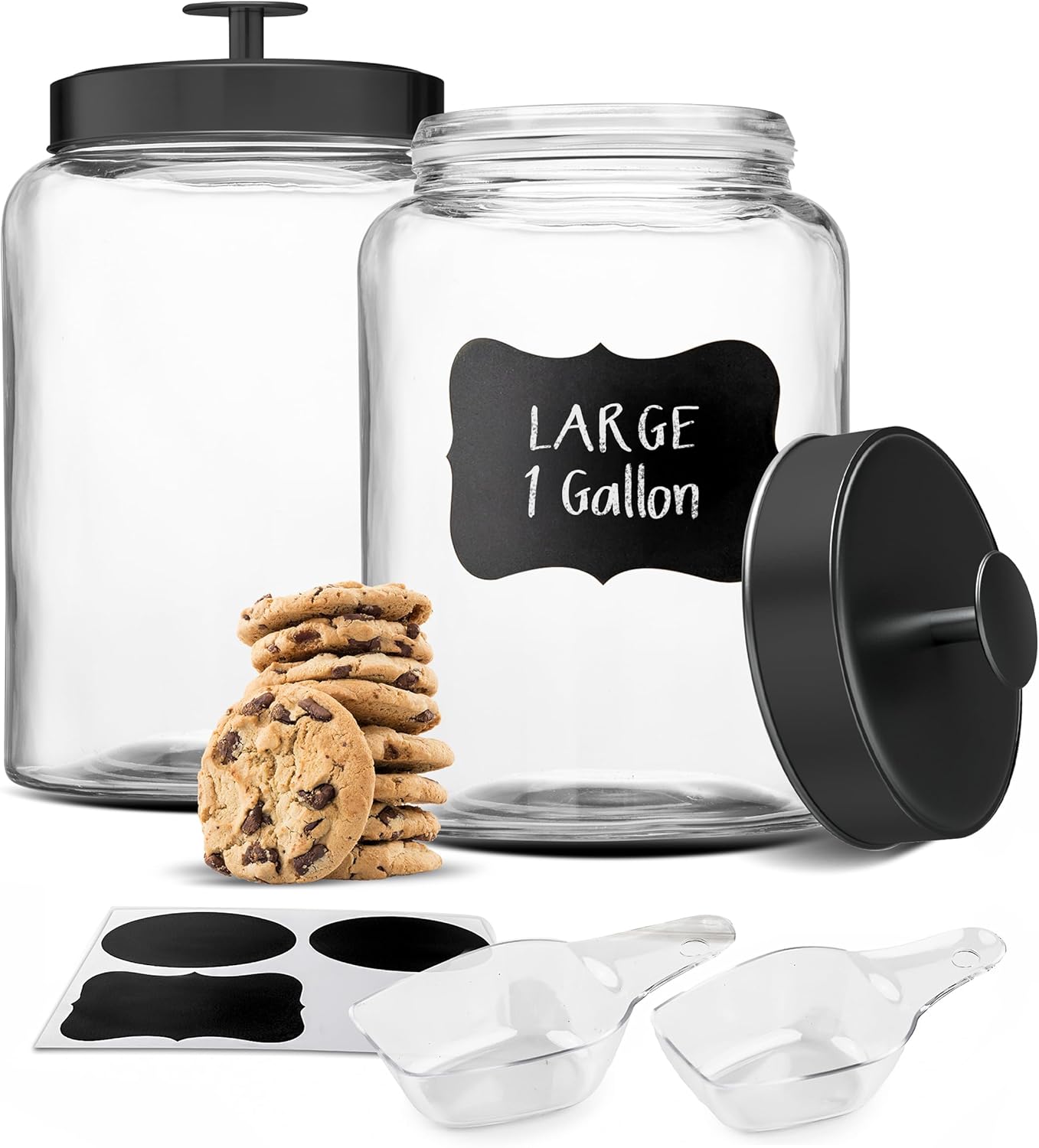 KooK Glass Storage Containers with Lids, Glass Jar with Lid, 1 Gallon, Set of 2, Glass Canister, Storage, Laundry, Kitchen Jar, (Circular, Black)