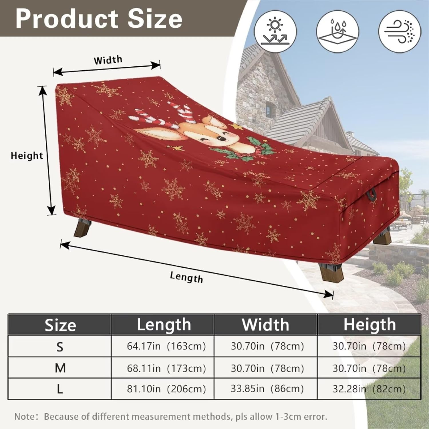 Christmas Reindeer Beach Chaise Lounge Cover for Pool Windproof Outdoor Lounger Patio Furniture Protector 68.11" L x 30.7" W x 30.7"