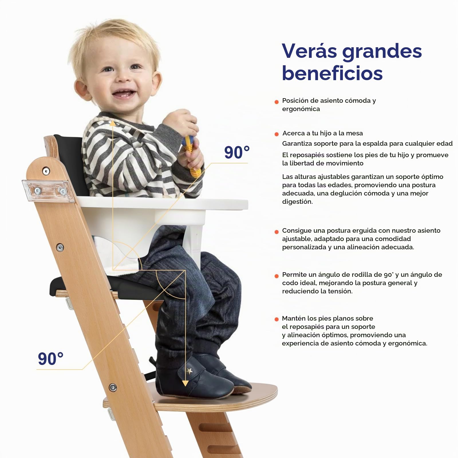 Cowiewie Trona de madera natural para bebés y niños pequeños de 3 niveles extraíble y 2 bandejas ajustables, 8 trona ajustable con cojines, fácil de limpiar (negro)