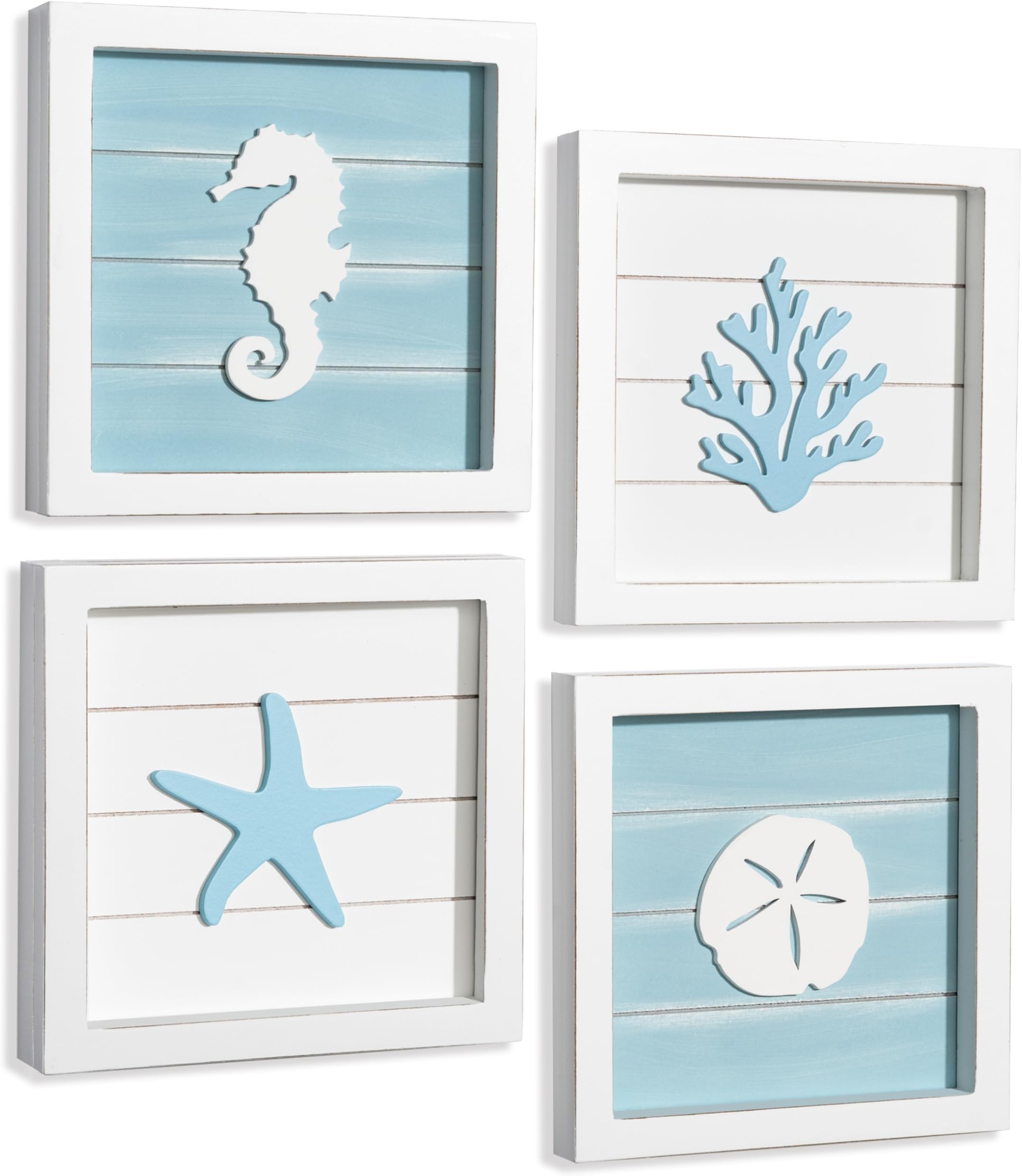 Tide and Tales Ocean Theme Beach Wall Decor (Framed Set of 4) Coastal 3D Wall Art with Starfish, Seahorse, S Dollar Coral - Turquoise Beach Bathroom Decor - Seashell Beach Decorations for Home