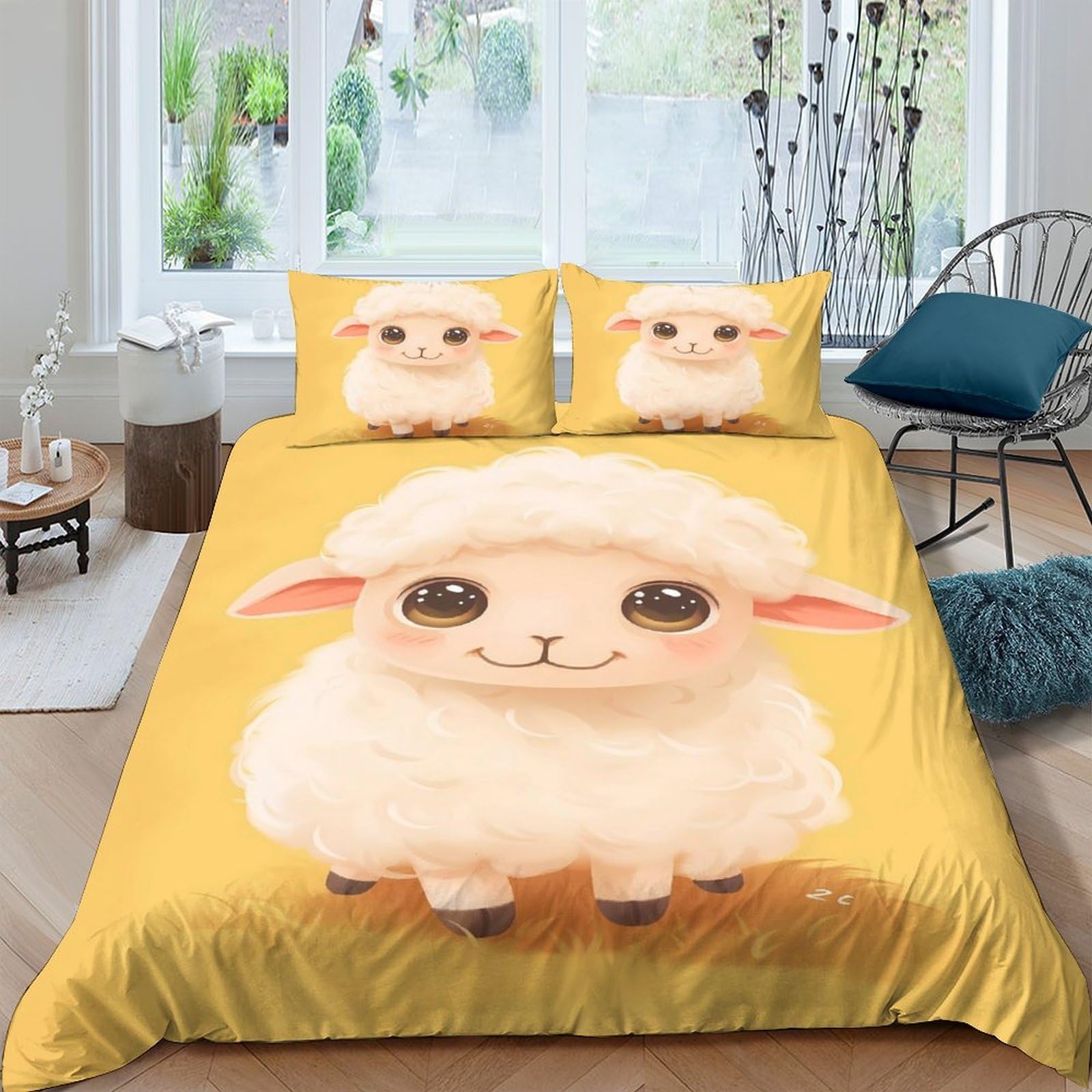 GPLZQXKJNH 3D Printed Cute Sheep Duvet Cover Set Microfiber Yellow Animal Bedding Set with 2 Pillowcases, Breathable for Bedroom Decor Single（135x200cm）