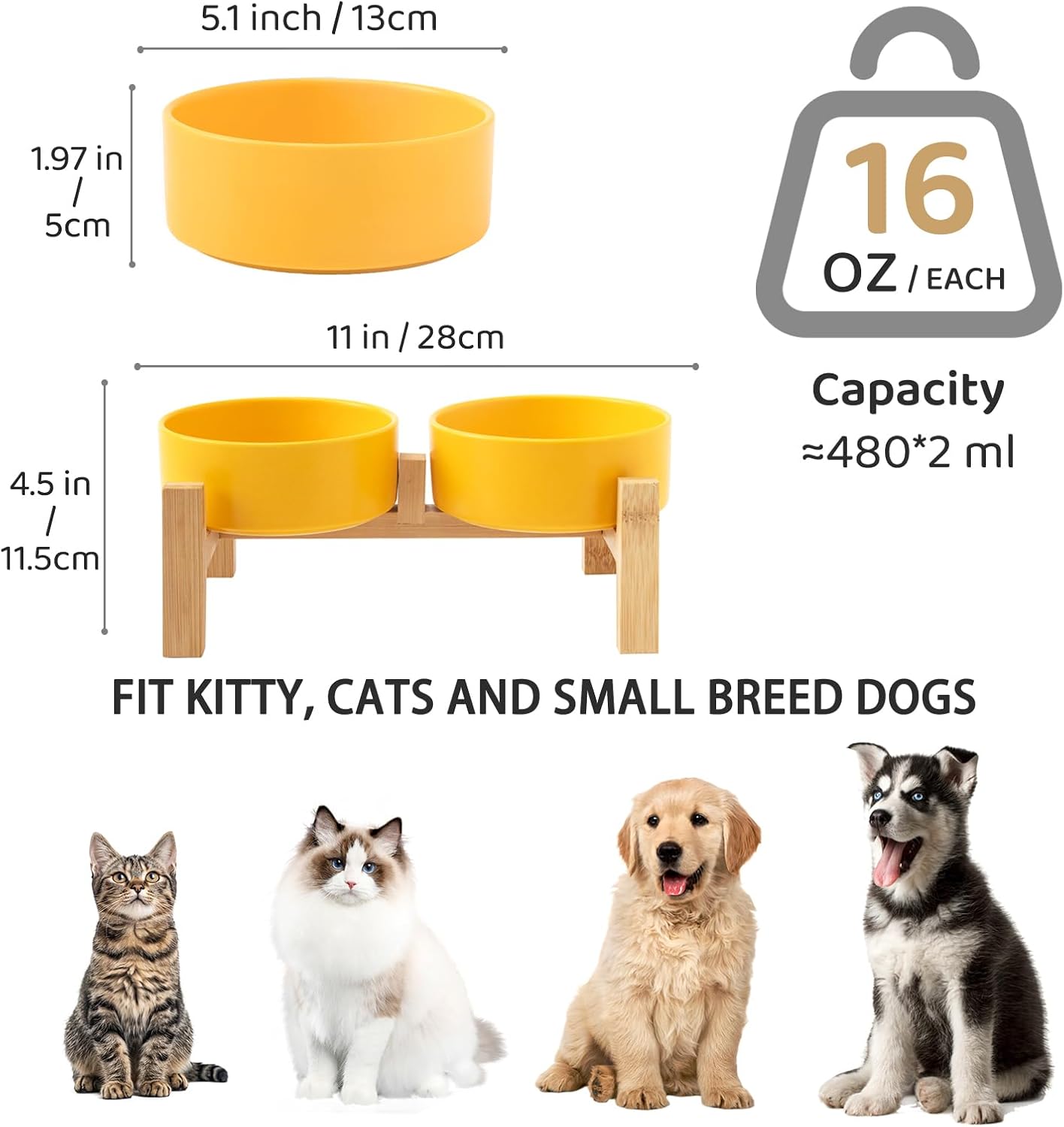 Elevated Ceramic Dog Bowl Set - Raised Dog Bowls with Non Slip Bamboo Stand, Food and Water Bowl Set for Kitty, Cats and Toy Breed Dogs, Pet Bowls, Dogs Dishes (5.1'', 2 * 16OZ, Yellow)