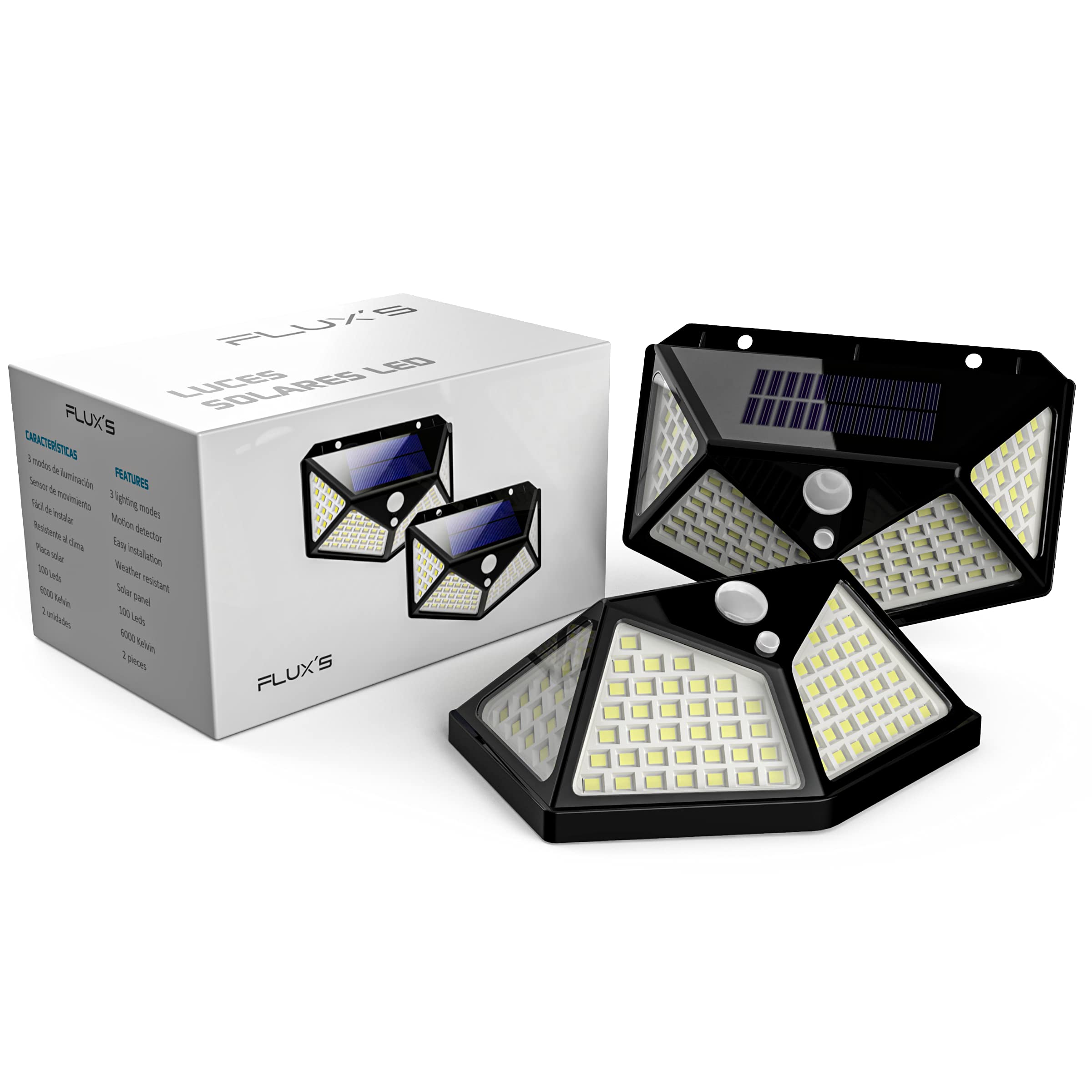 Luz Solar Exterior LED, FLUX'S, Foco Solar Exterior con Sensor de Movimiento, Impermeable e Inalámbrico, 3 Modos de Iluminación, Ángulo 270°, Para Jardín o Garaje - Pack de 2 uds
