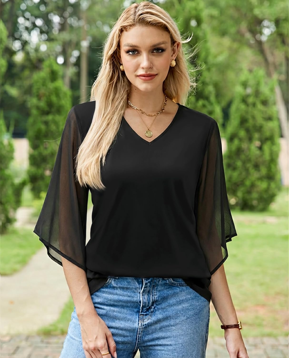 3/4 Length Sleeve Womens Tops V Neck Chiffon Blouse Dressy Casual Double Layered for Weekend Outings and Everyday Wear - Image 3
