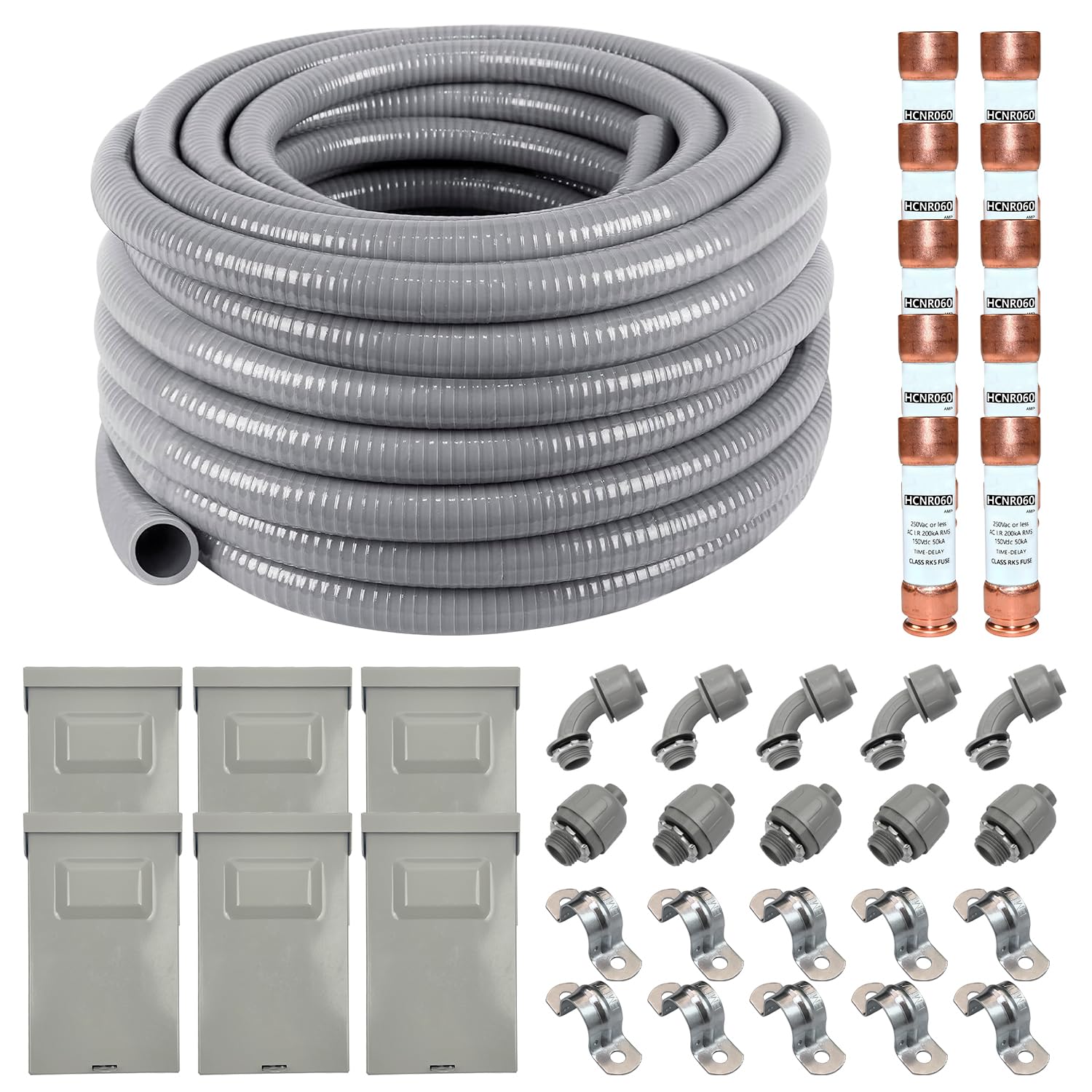 Z 60A AC Disconnect Switch 6-Pack, 1/2" Flexible Conduit Kit 50ft, RK5 Fuses 10-Pack - Complete Outdoor HVAC Electrical Bundle, UL Listed