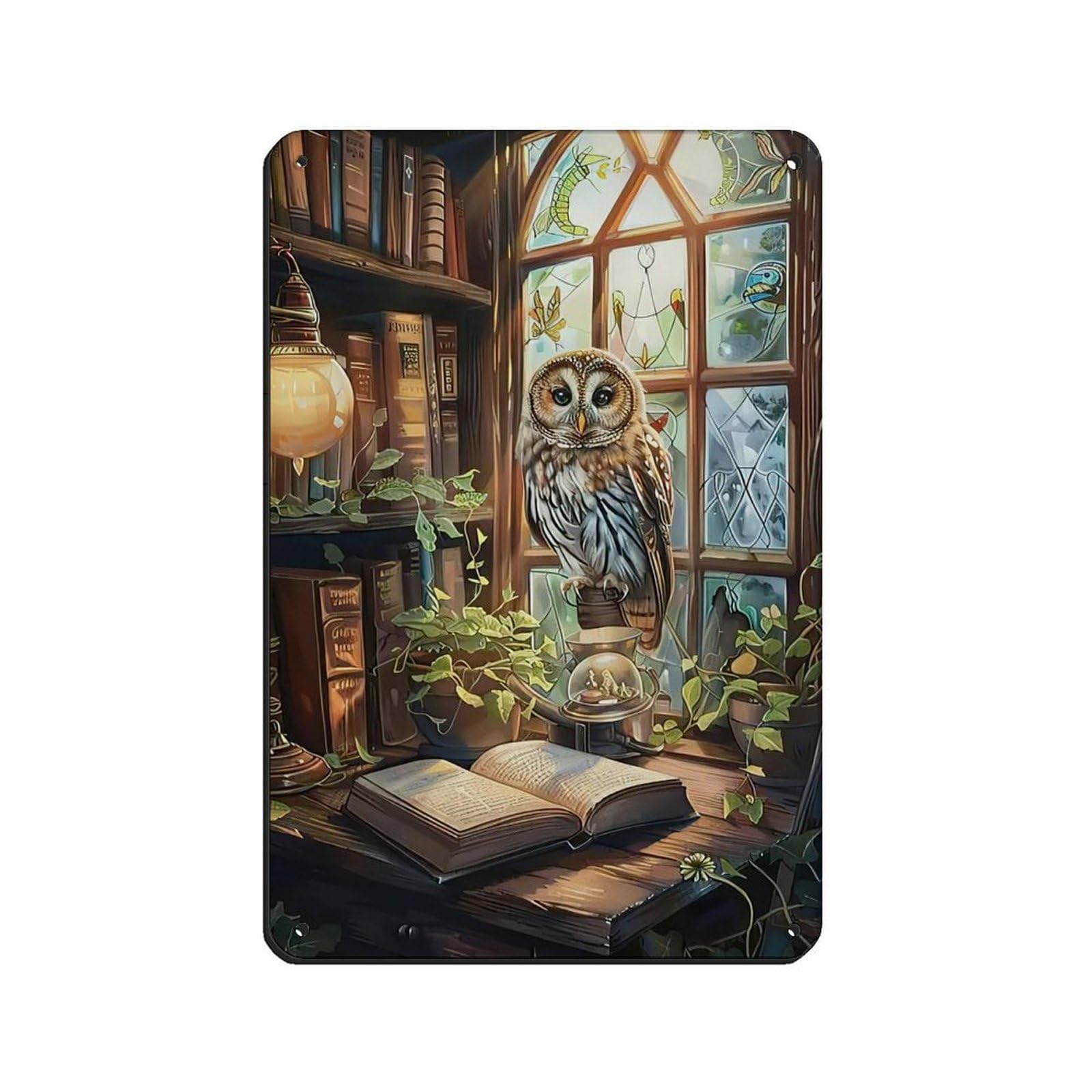 Vintage Owl And Books Painting Poster Retro Poster Metal Tin Sign Chic Art Retro Iron Painting Bar People Cave Cafe Family Garage Poster Wall Decoration 8x12inch(20x30cm)