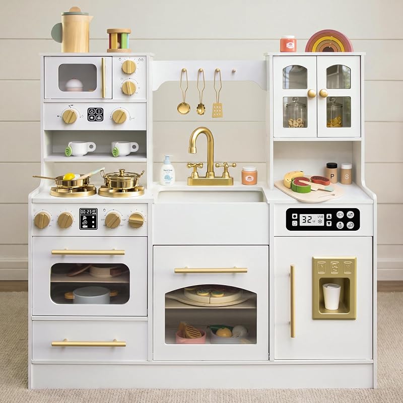 Wooden Play Kitchen with 12 Accessories, Ages 3+ Kids Toy Kitchen Playset | Light-Up Stove, Realistic Sounds and Clicking Knobs Add Fun; Storage Cabinets Keep Accessories Neat, Making It a Stylish Gift