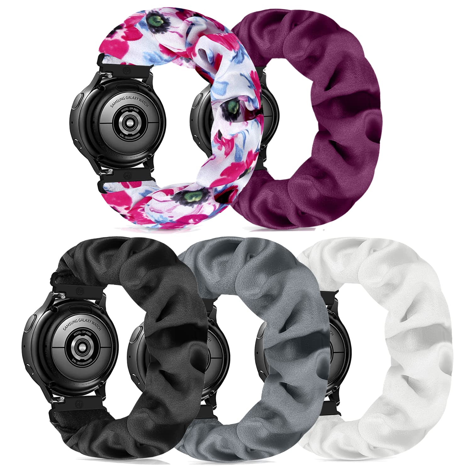 Scrunchie Watch Bands for Women Compatible with Galaxy Watch 4 Band 40mm/44mm/Watch 4 Classic 46mm/42mm/Galaxy Watch Active 2 Elastic Replacement Soft Band For 20mm(5 Pack D,S-Size)