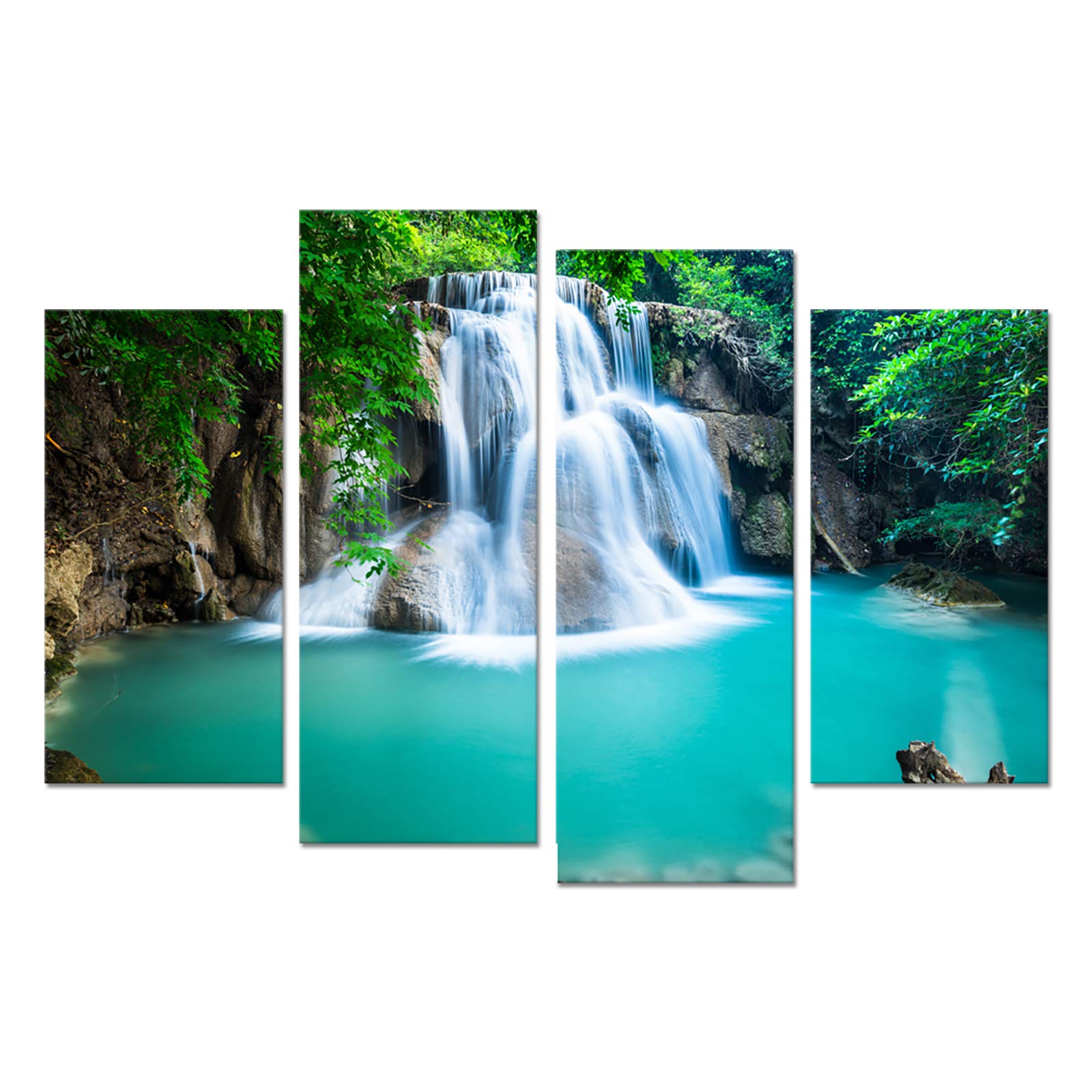 HOOHAA Large 4 Panel Waterfall Canvas Prints Wall Art Green Trees Pictures Paintings Giclee Artwork for Living Room Bedroom Home Decorations